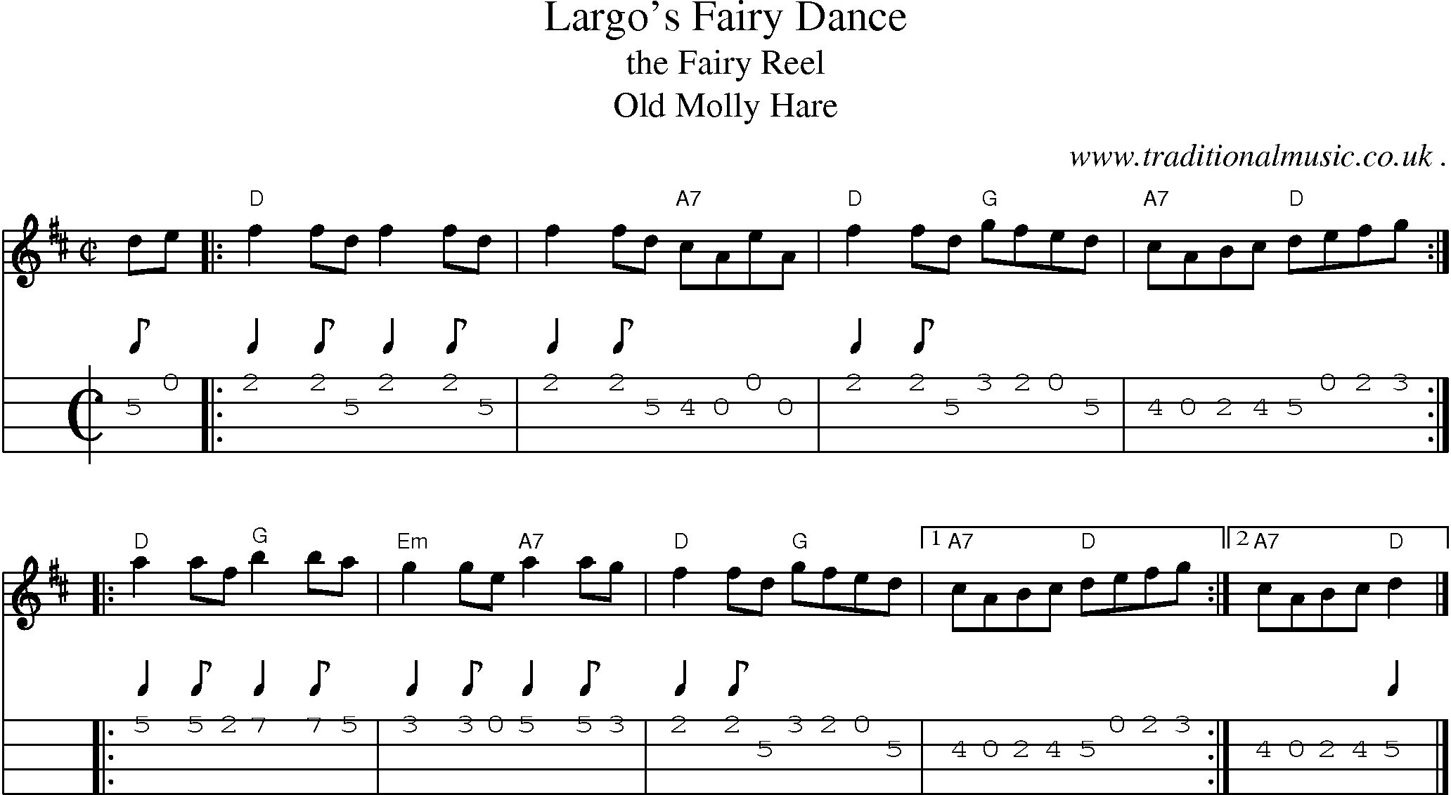 Sheet-music  score, Chords and Mandolin Tabs for Largos Fairy Dance
