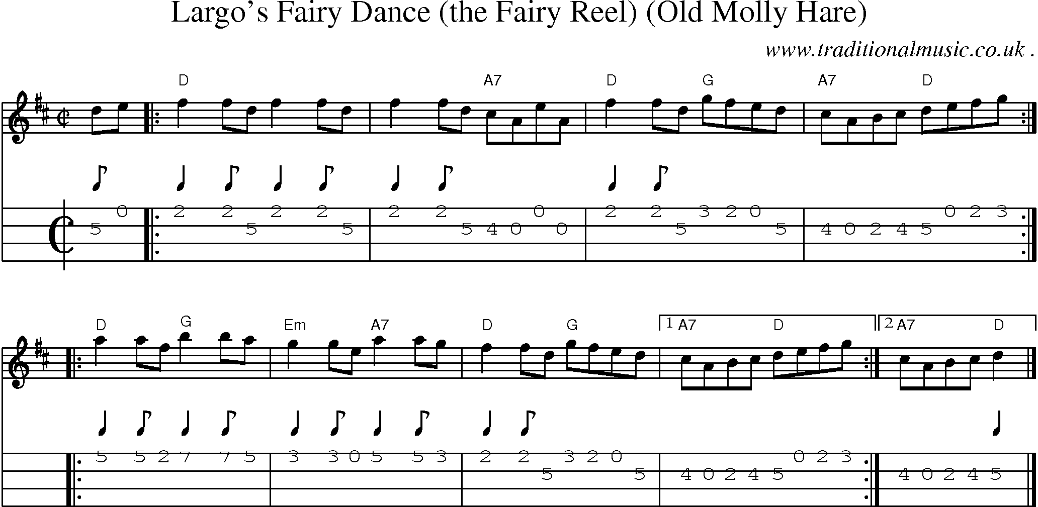 Sheet-music  score, Chords and Mandolin Tabs for Largos Fairy Dance The Fairy Reel Old Molly Hare