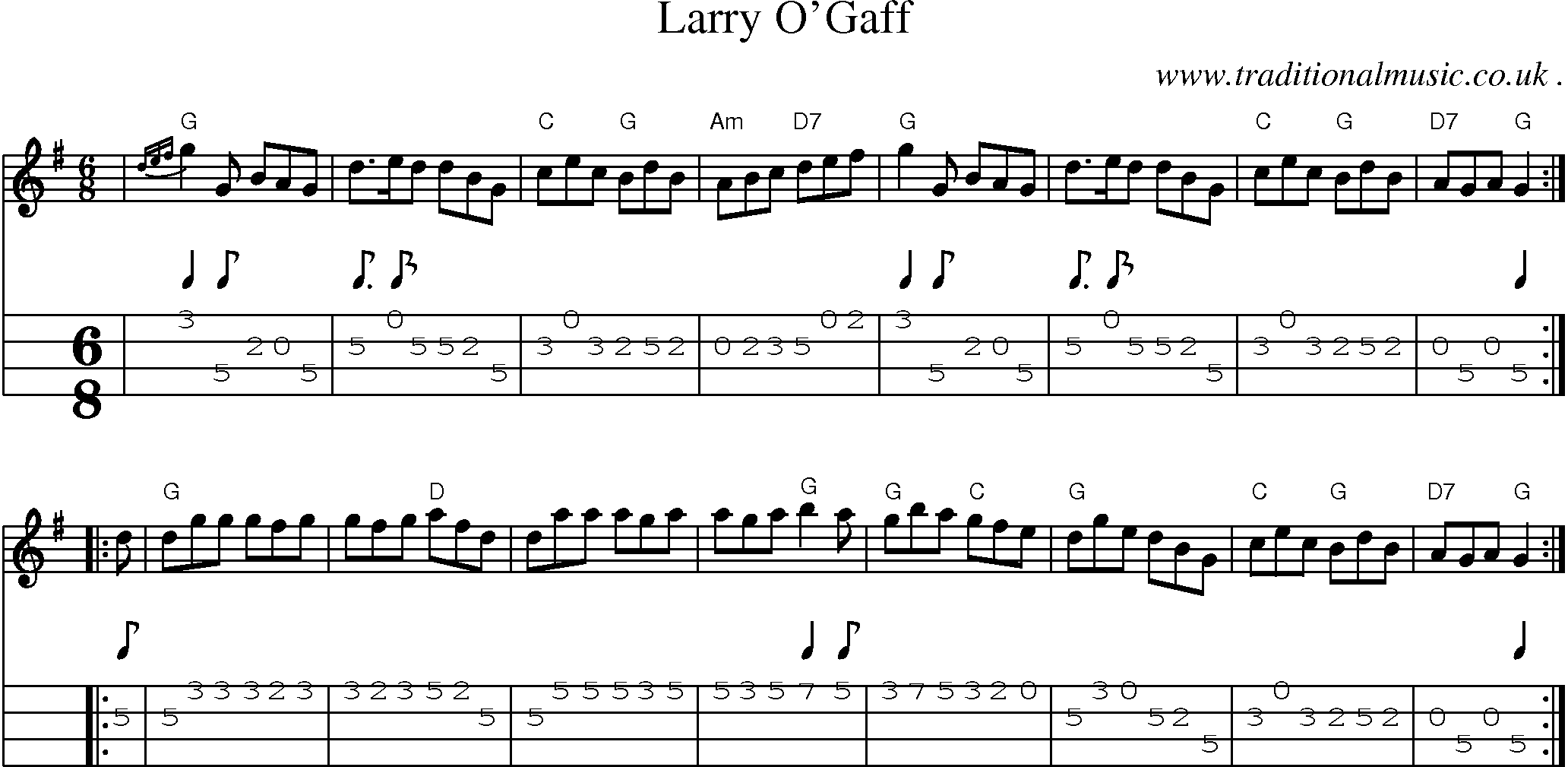 Sheet-music  score, Chords and Mandolin Tabs for Larry Ogaff