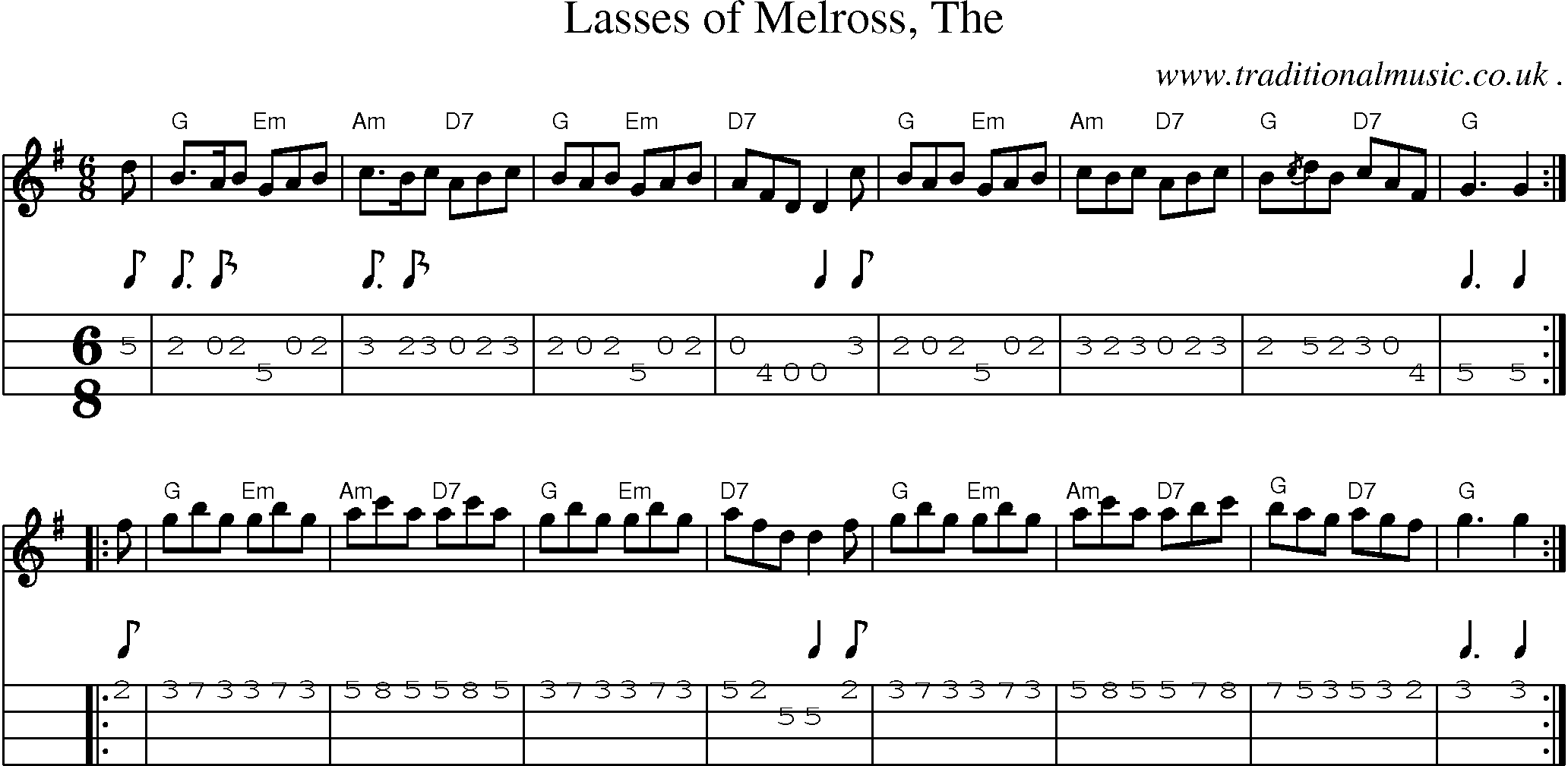 Sheet-music  score, Chords and Mandolin Tabs for Lasses Of Melross The