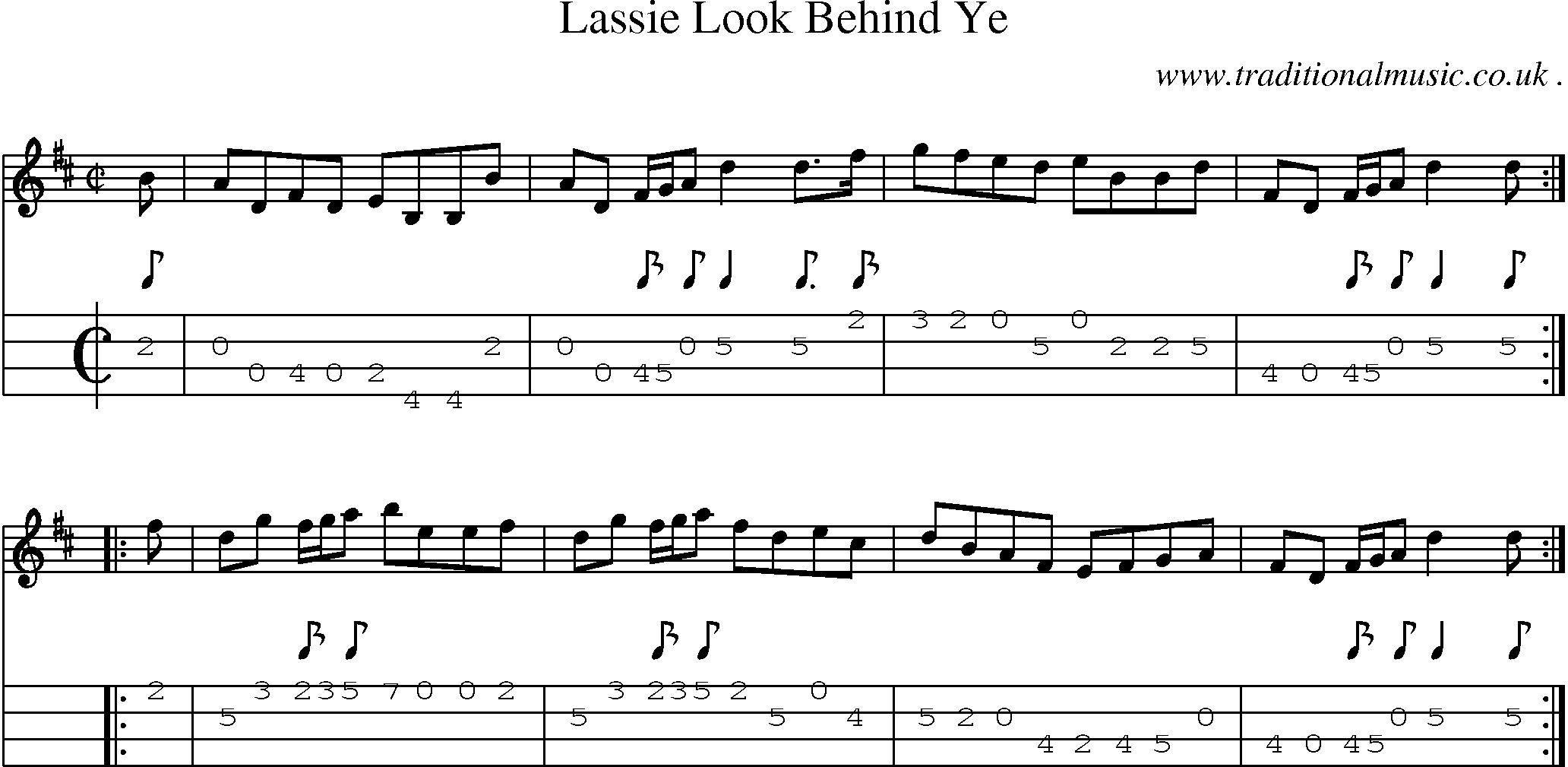 Sheet-music  score, Chords and Mandolin Tabs for Lassie Look Behind Ye