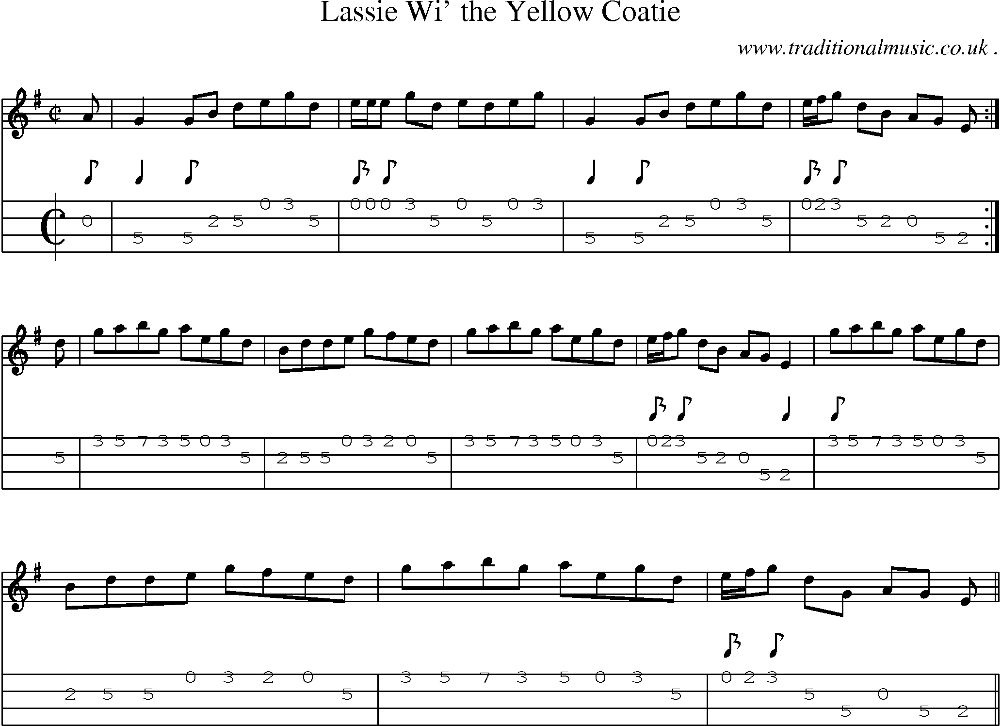 Sheet-music  score, Chords and Mandolin Tabs for Lassie Wi The Yellow Coatie
