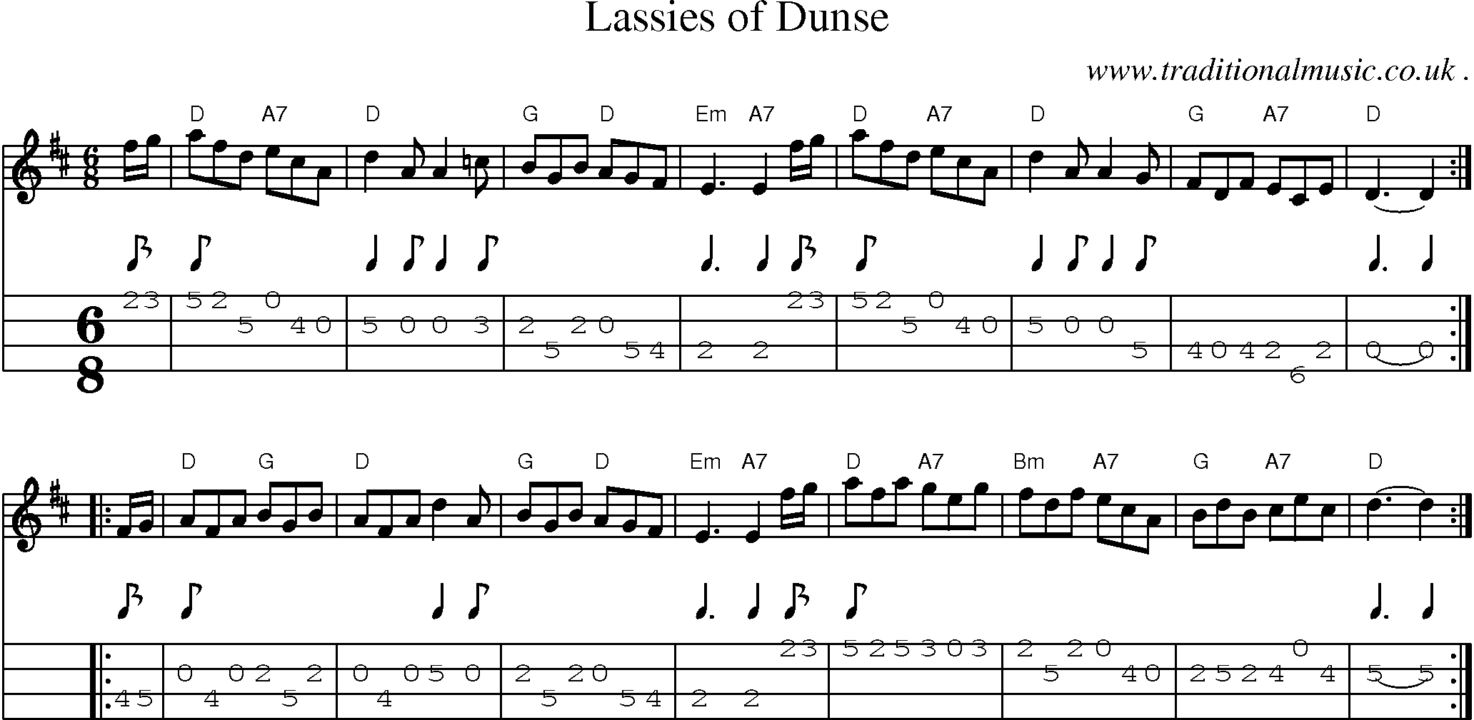 Sheet-music  score, Chords and Mandolin Tabs for Lassies Of Dunse