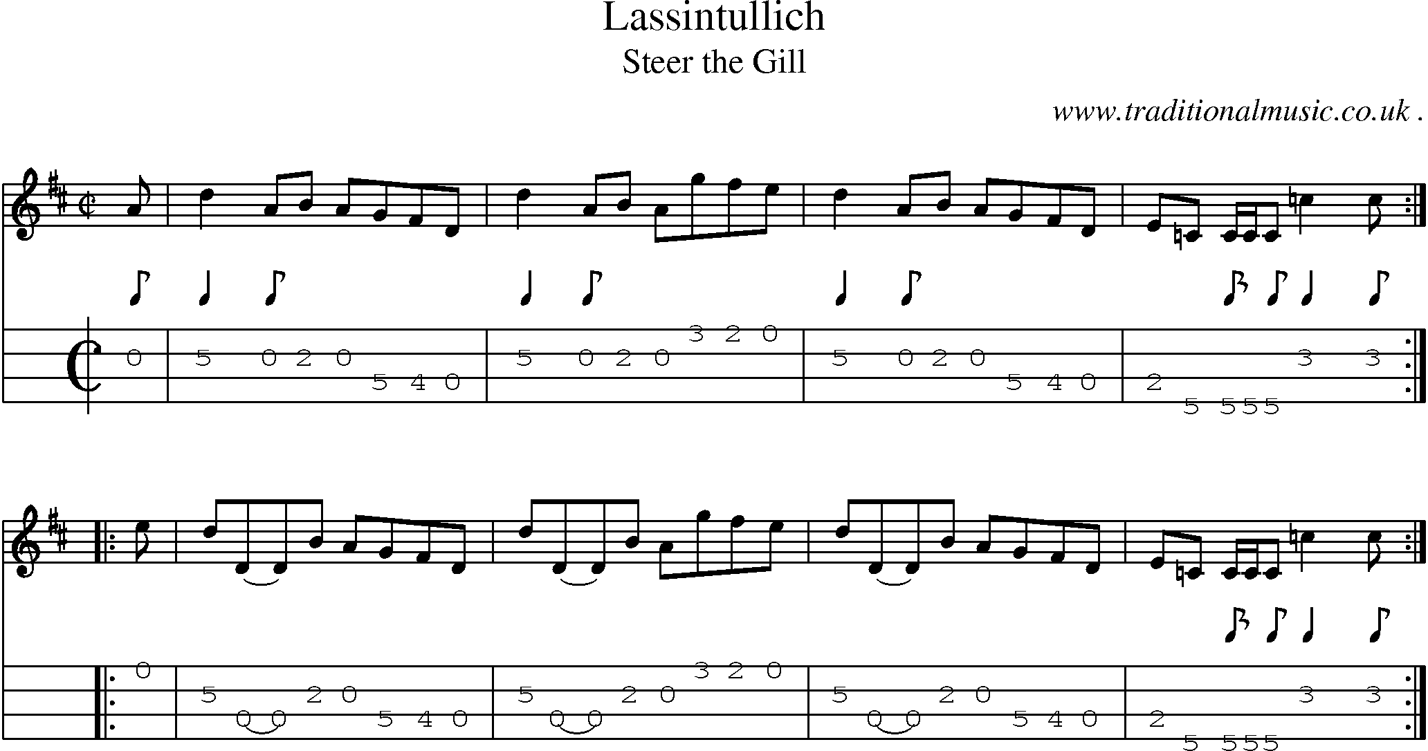 Sheet-music  score, Chords and Mandolin Tabs for Lassintullich