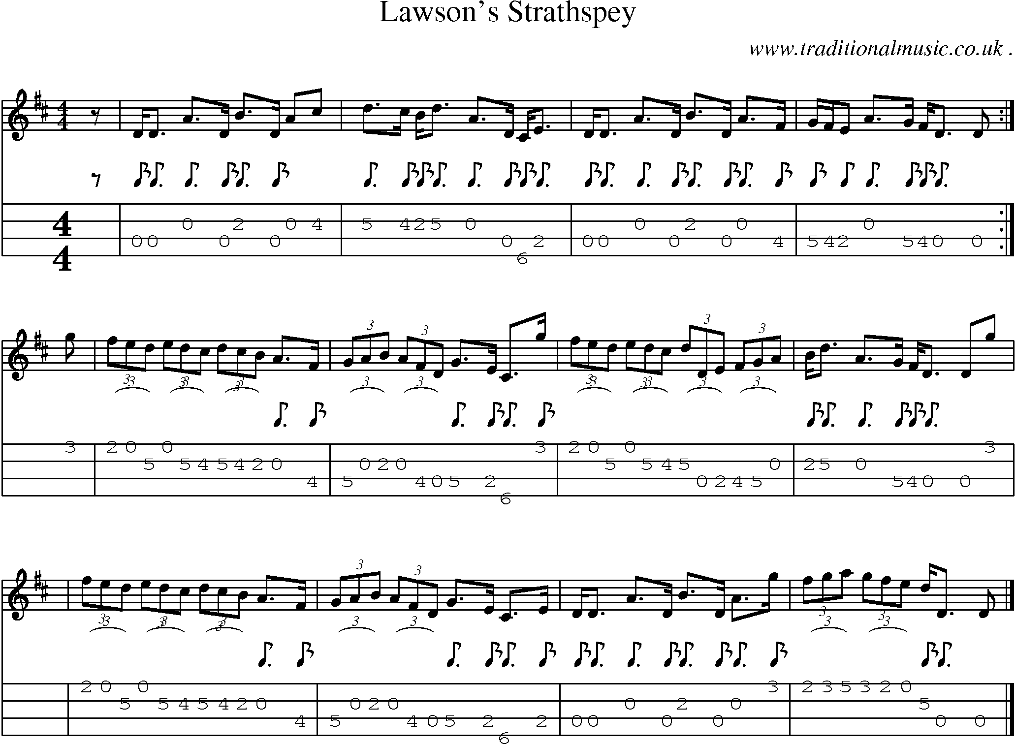 Sheet-music  score, Chords and Mandolin Tabs for Lawsons Strathspey