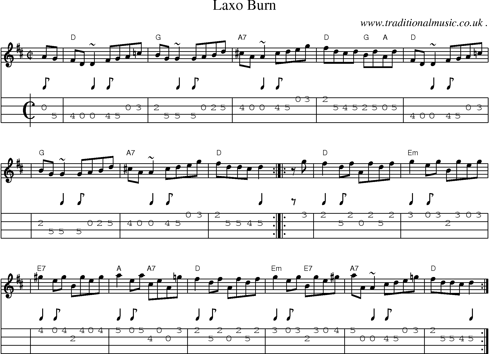 Sheet-music  score, Chords and Mandolin Tabs for Laxo Burn