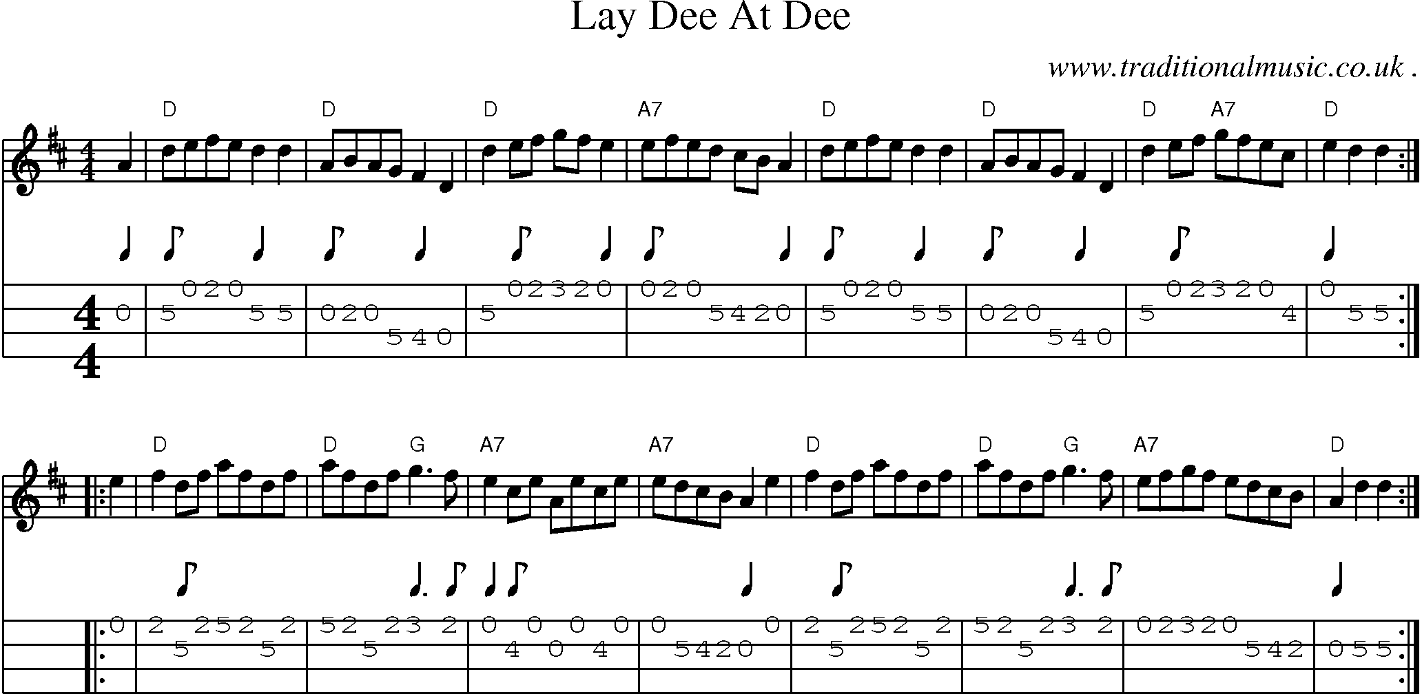 Sheet-music  score, Chords and Mandolin Tabs for Lay Dee At Dee