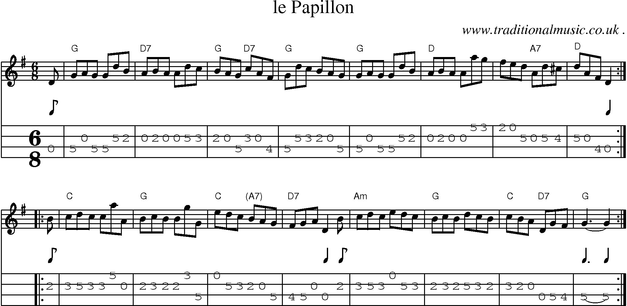 Sheet-music  score, Chords and Mandolin Tabs for Le Papillon