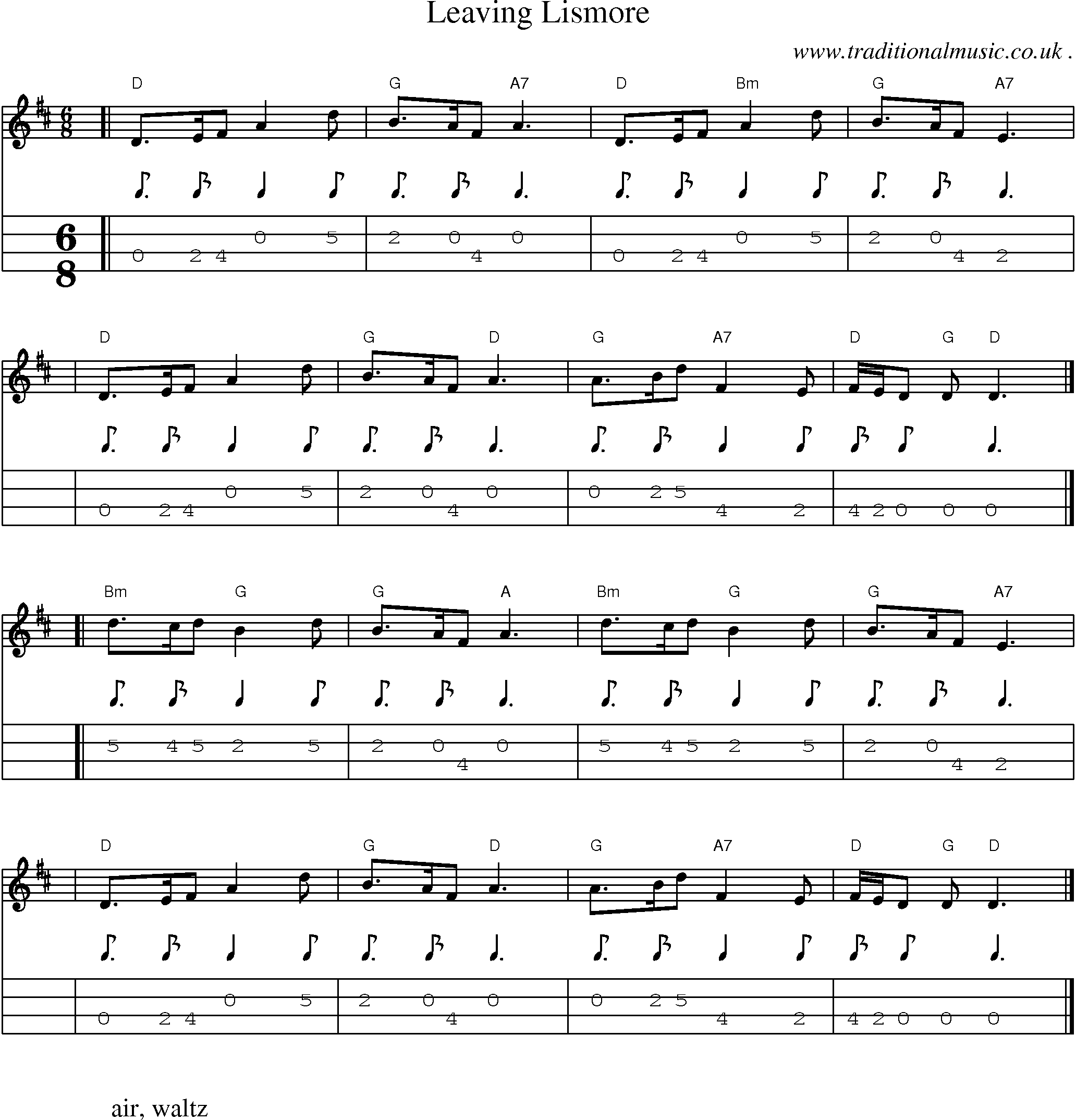 Sheet-music  score, Chords and Mandolin Tabs for Leaving Lismore