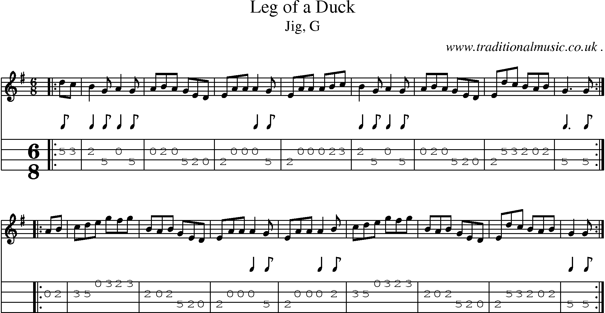 Sheet-music  score, Chords and Mandolin Tabs for Leg Of A Duck