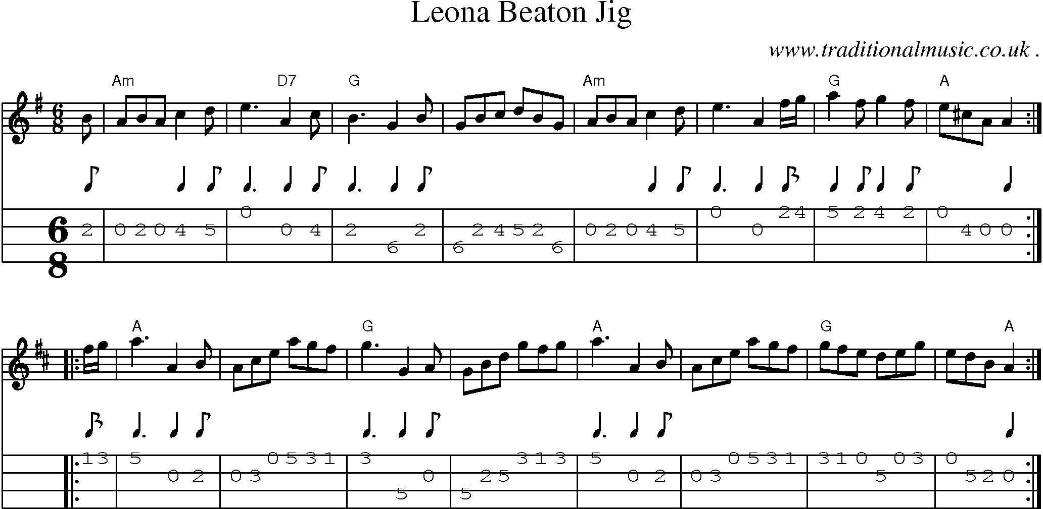 Sheet-music  score, Chords and Mandolin Tabs for Leona Beaton Jig