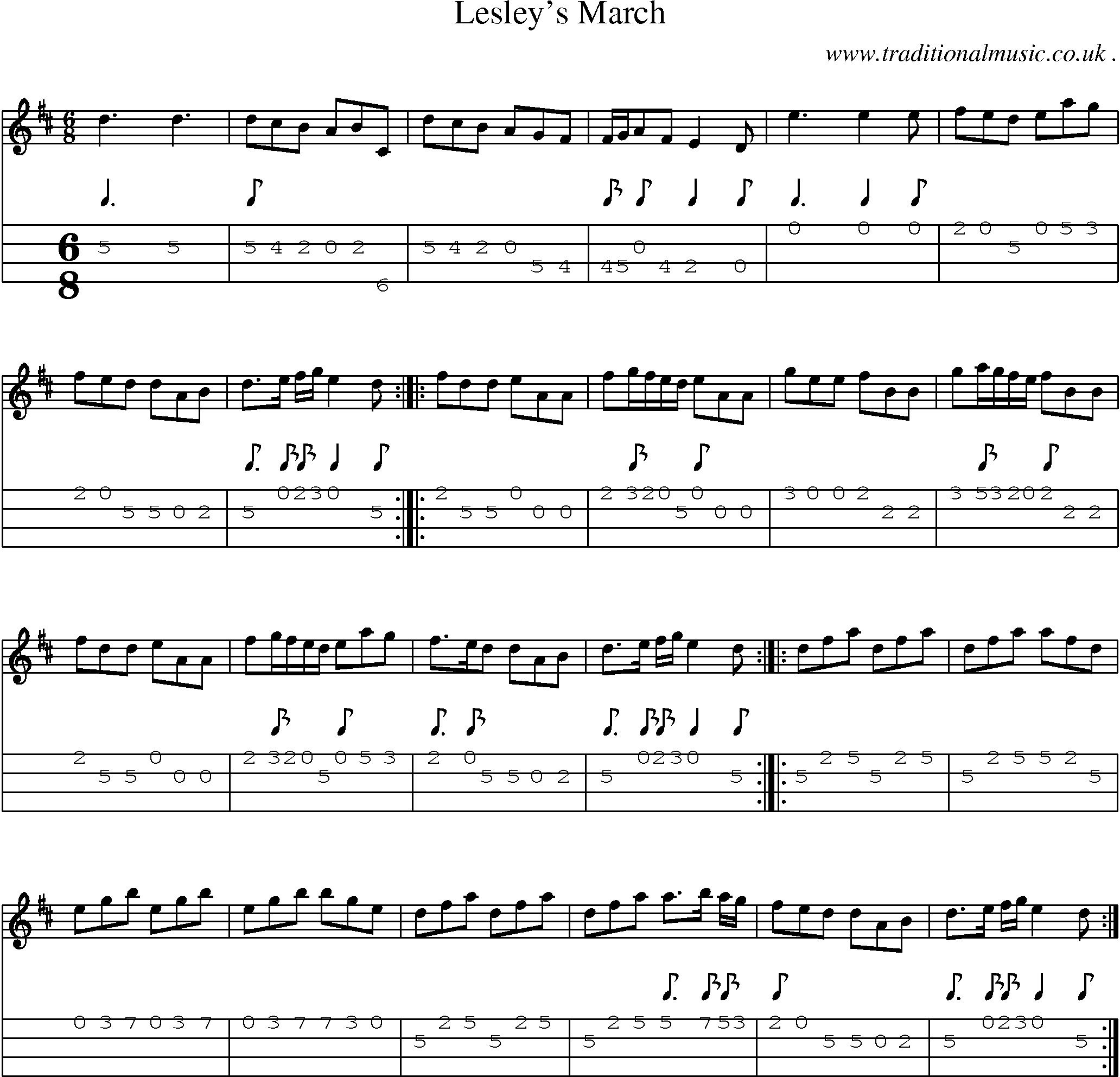 Sheet-music  score, Chords and Mandolin Tabs for Lesleys March