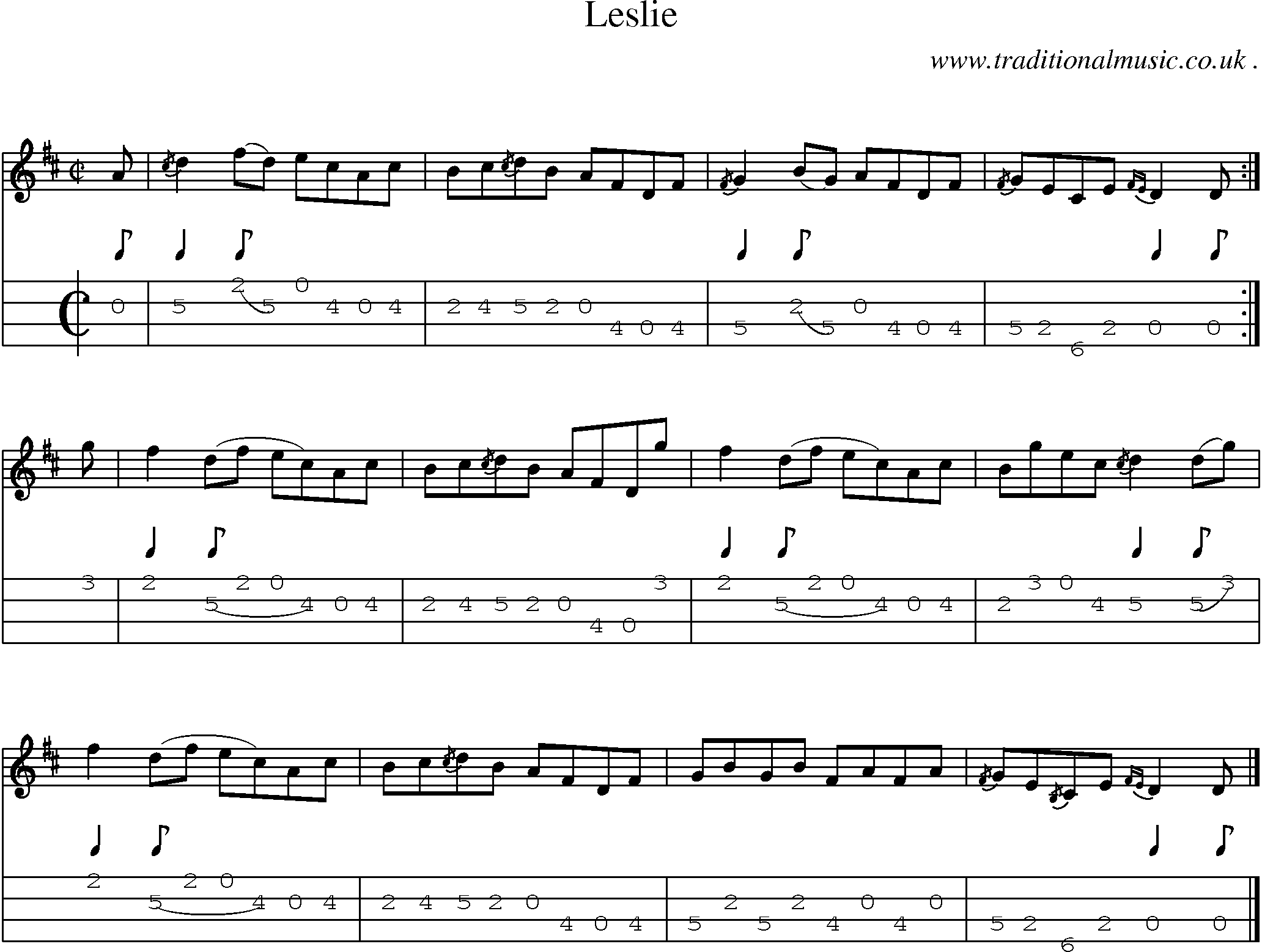 Sheet-music  score, Chords and Mandolin Tabs for Leslie