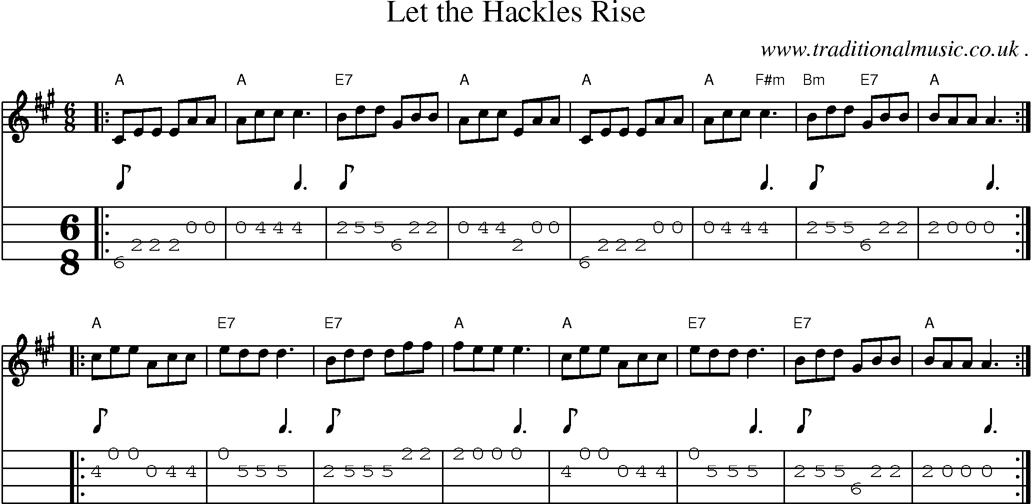 Sheet-music  score, Chords and Mandolin Tabs for Let The Hackles Rise