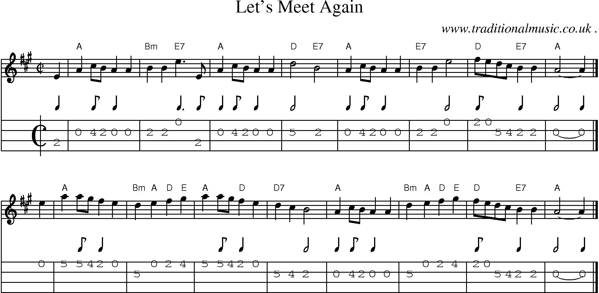 Sheet-music  score, Chords and Mandolin Tabs for Lets Meet Again