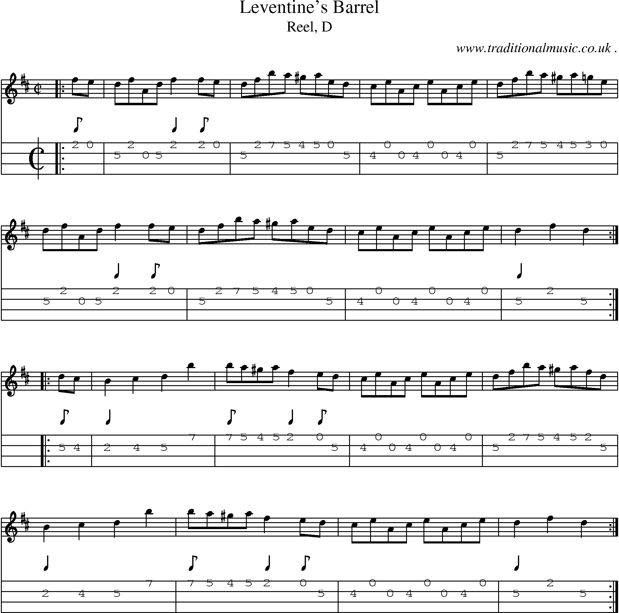 Sheet-music  score, Chords and Mandolin Tabs for Leventines Barrel