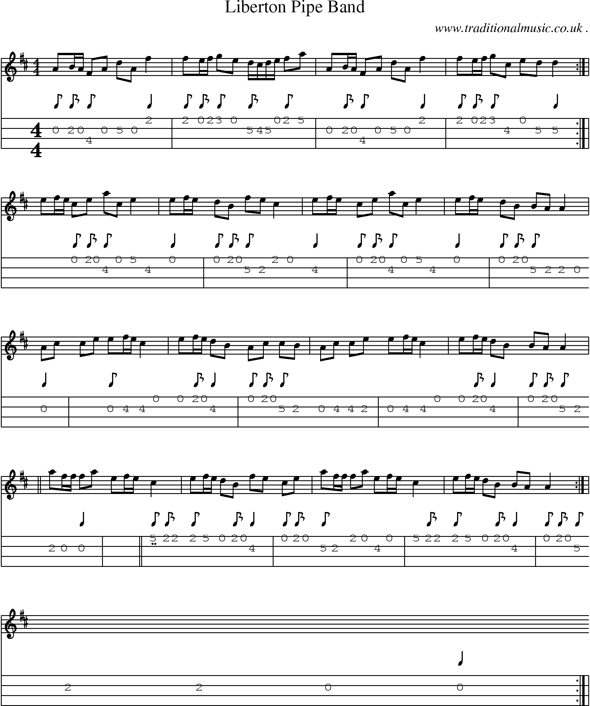 Sheet-music  score, Chords and Mandolin Tabs for Liberton Pipe Band