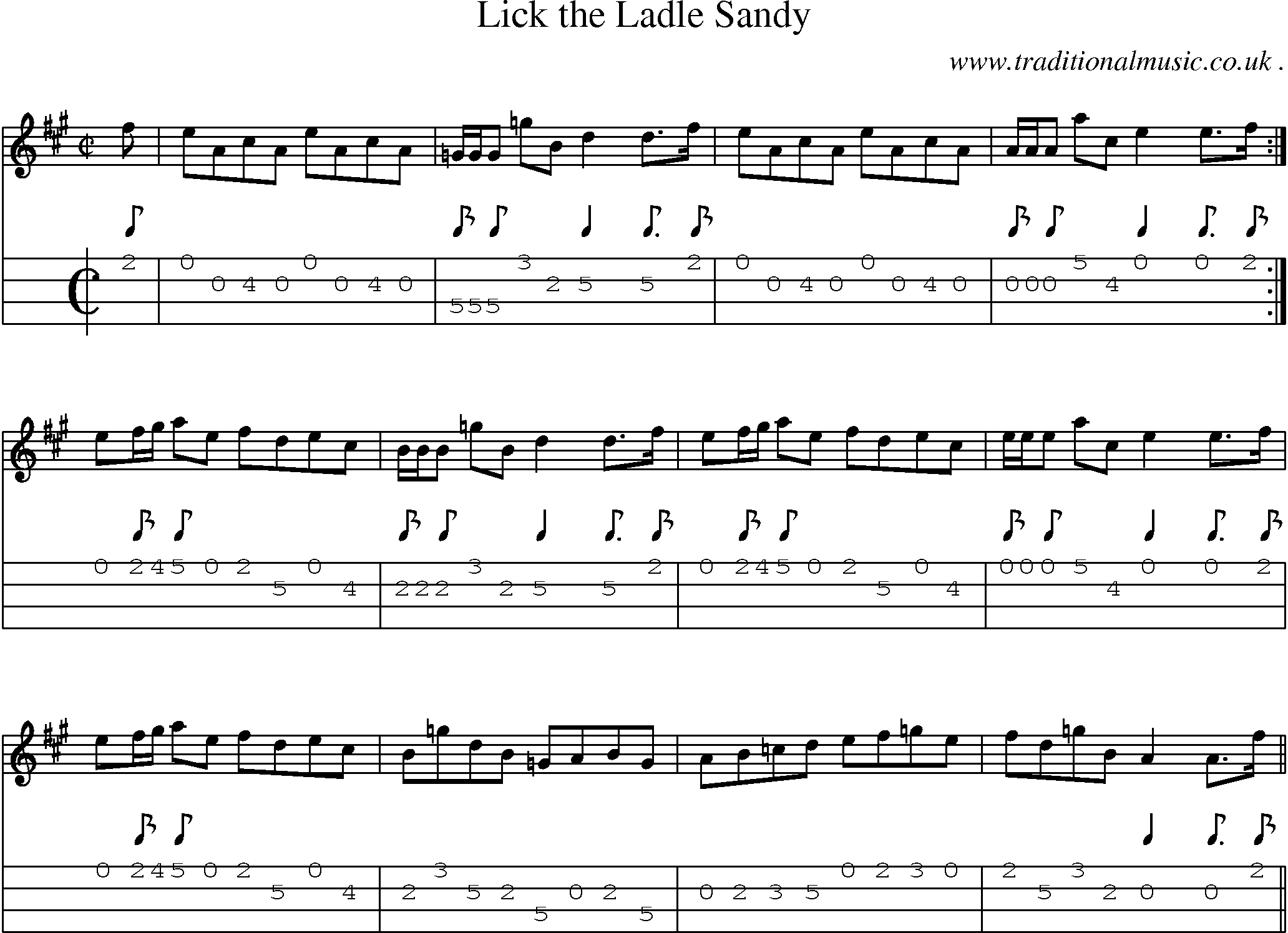 Sheet-music  score, Chords and Mandolin Tabs for Lick The Ladle Sandy