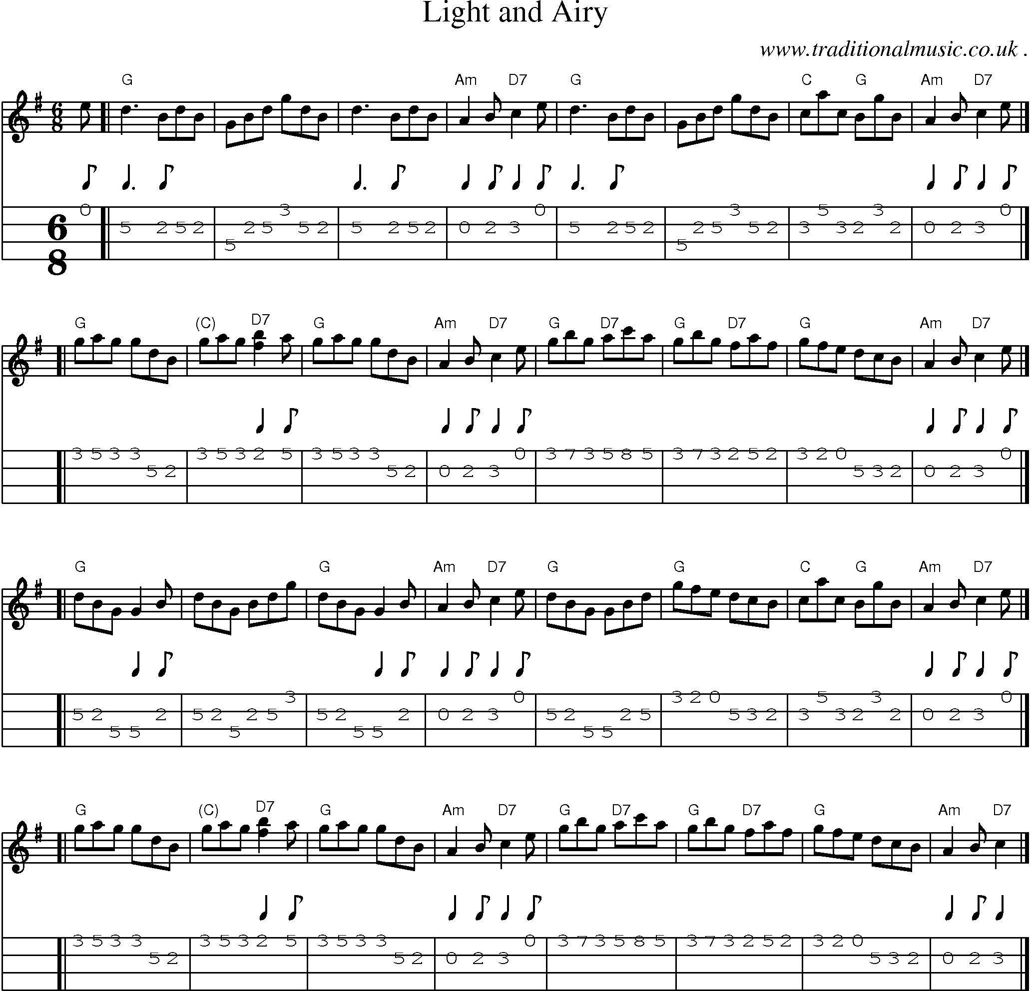 Sheet-music  score, Chords and Mandolin Tabs for Light And Airy
