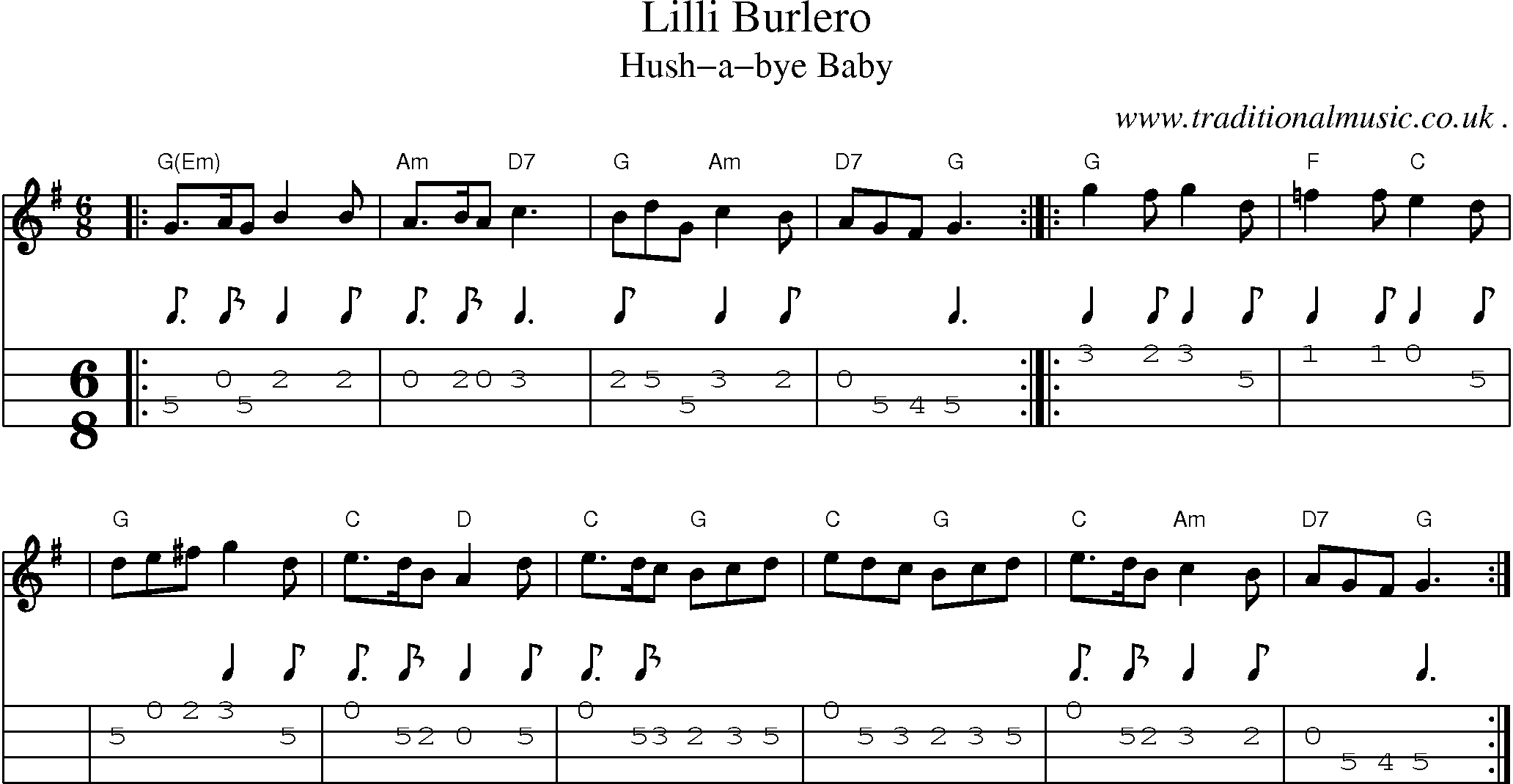 Sheet-music  score, Chords and Mandolin Tabs for Lilli Burlero