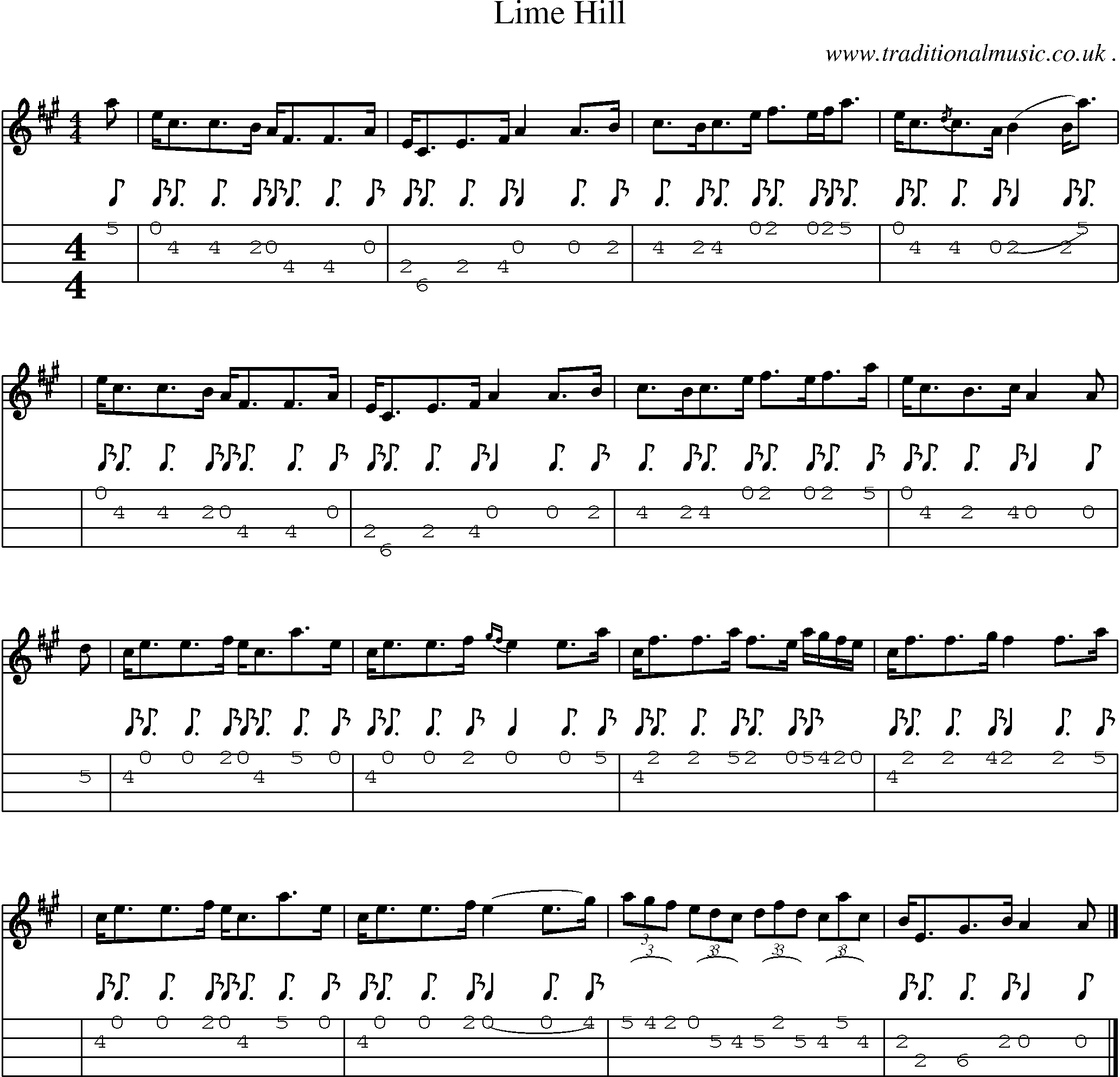 Sheet-music  score, Chords and Mandolin Tabs for Lime Hill