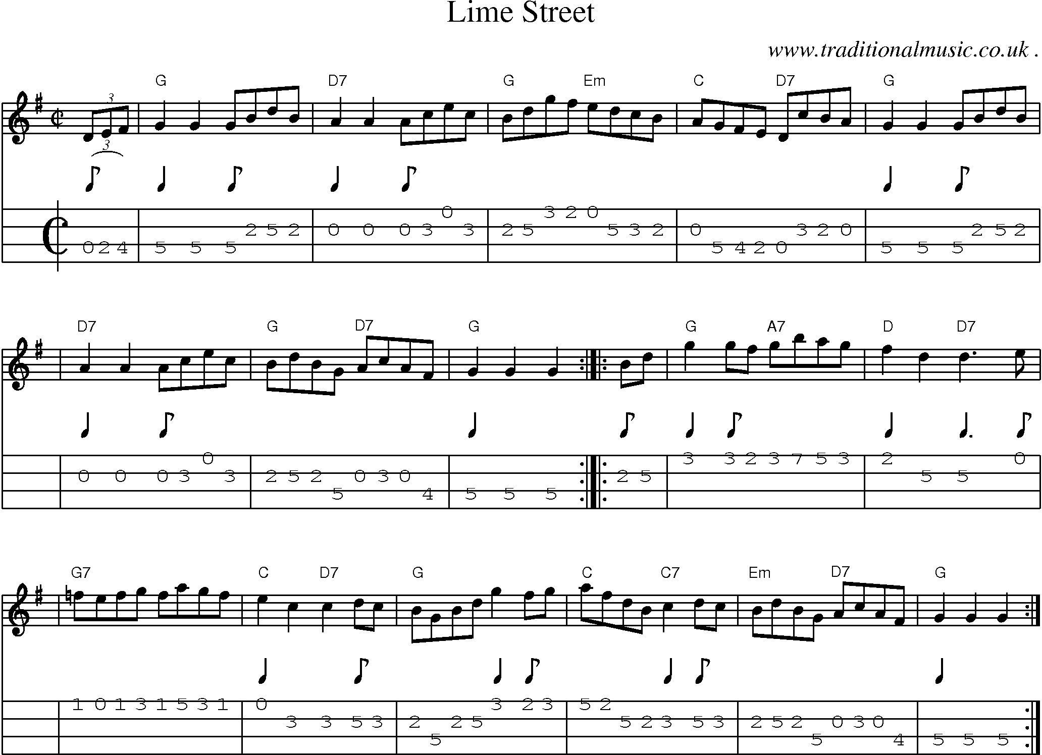 Sheet-music  score, Chords and Mandolin Tabs for Lime Street