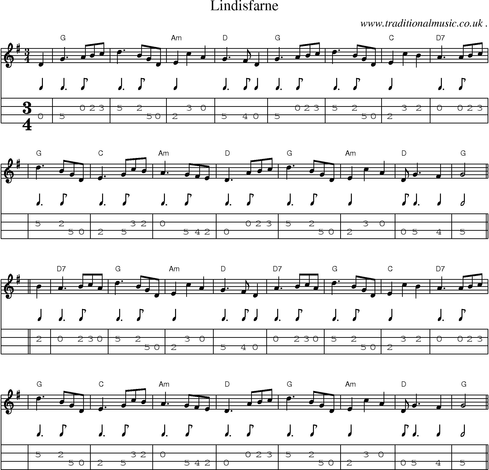 Sheet-music  score, Chords and Mandolin Tabs for Lindisfarne