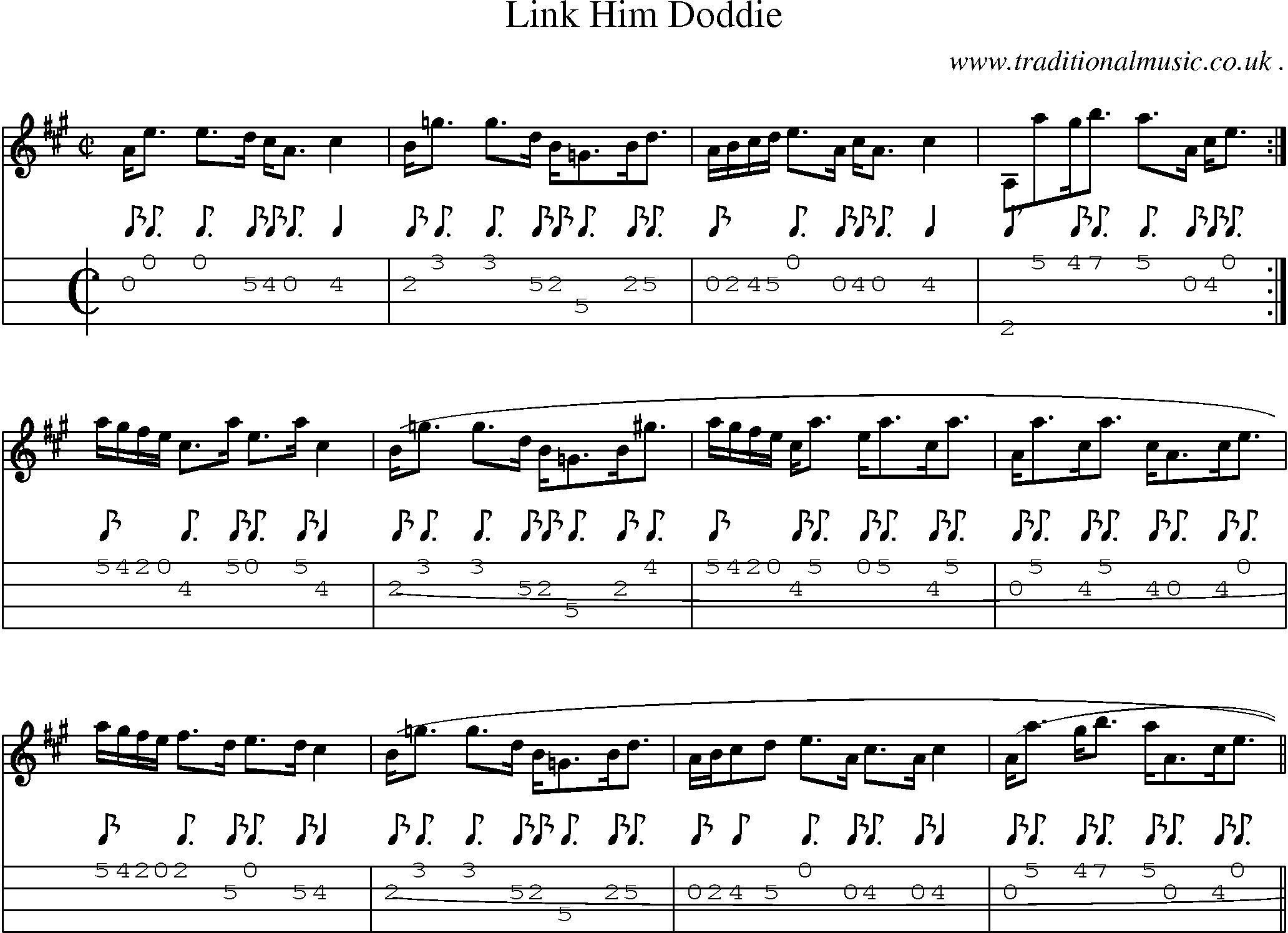 Sheet-music  score, Chords and Mandolin Tabs for Link Him Doddie