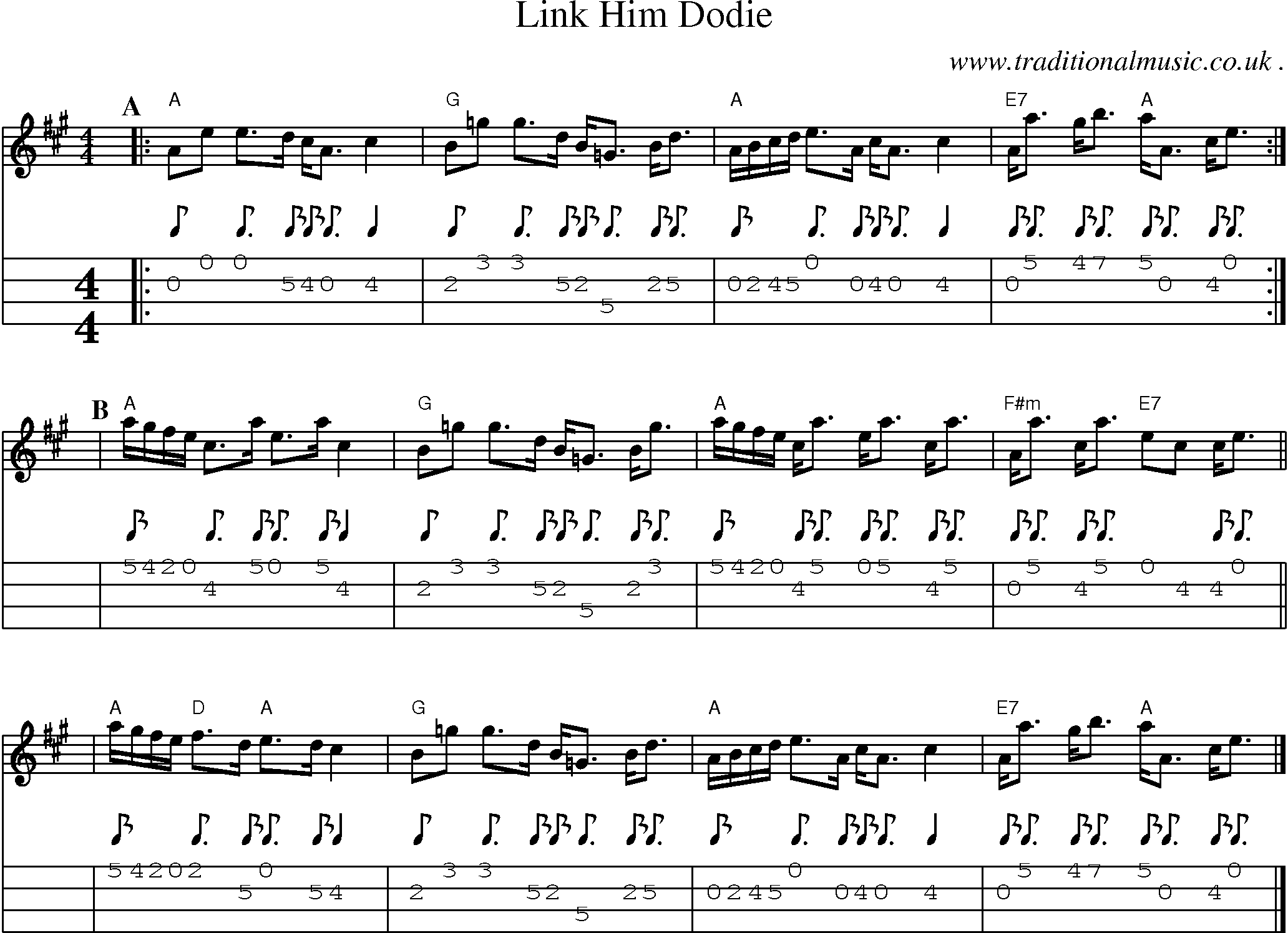 Sheet-music  score, Chords and Mandolin Tabs for Link Him Dodie