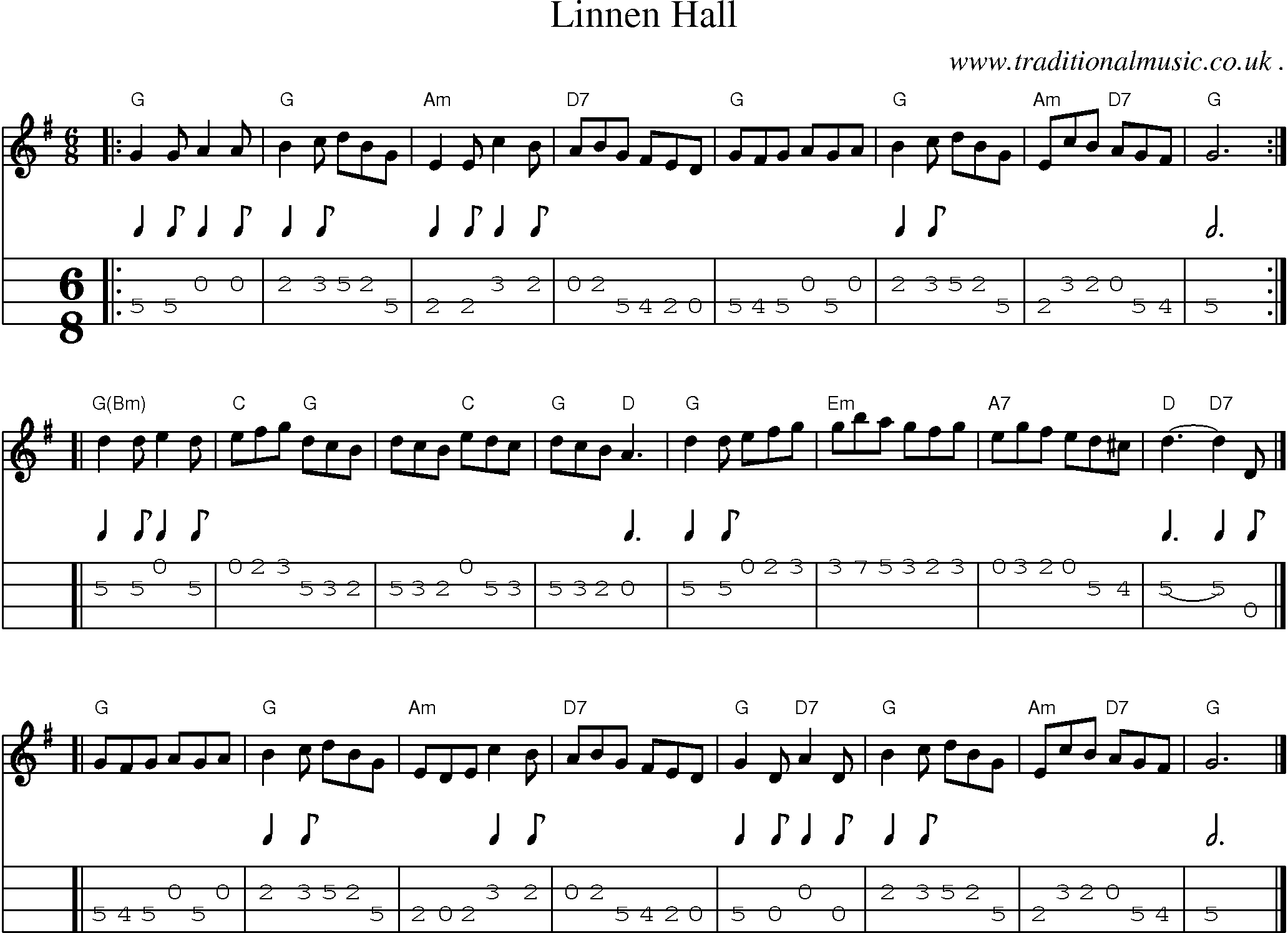 Sheet-music  score, Chords and Mandolin Tabs for Linnen Hall