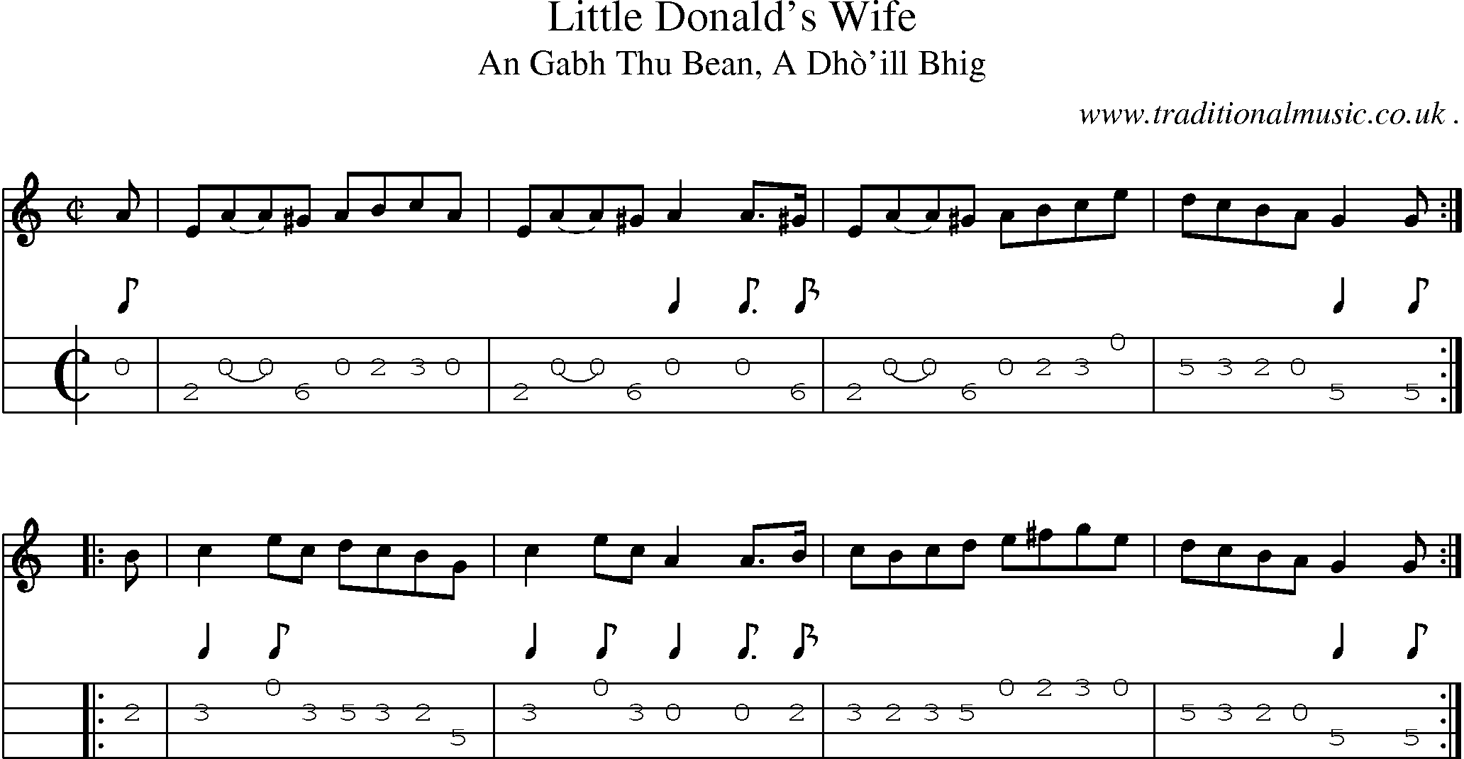 Sheet-music  score, Chords and Mandolin Tabs for Little Donalds Wife