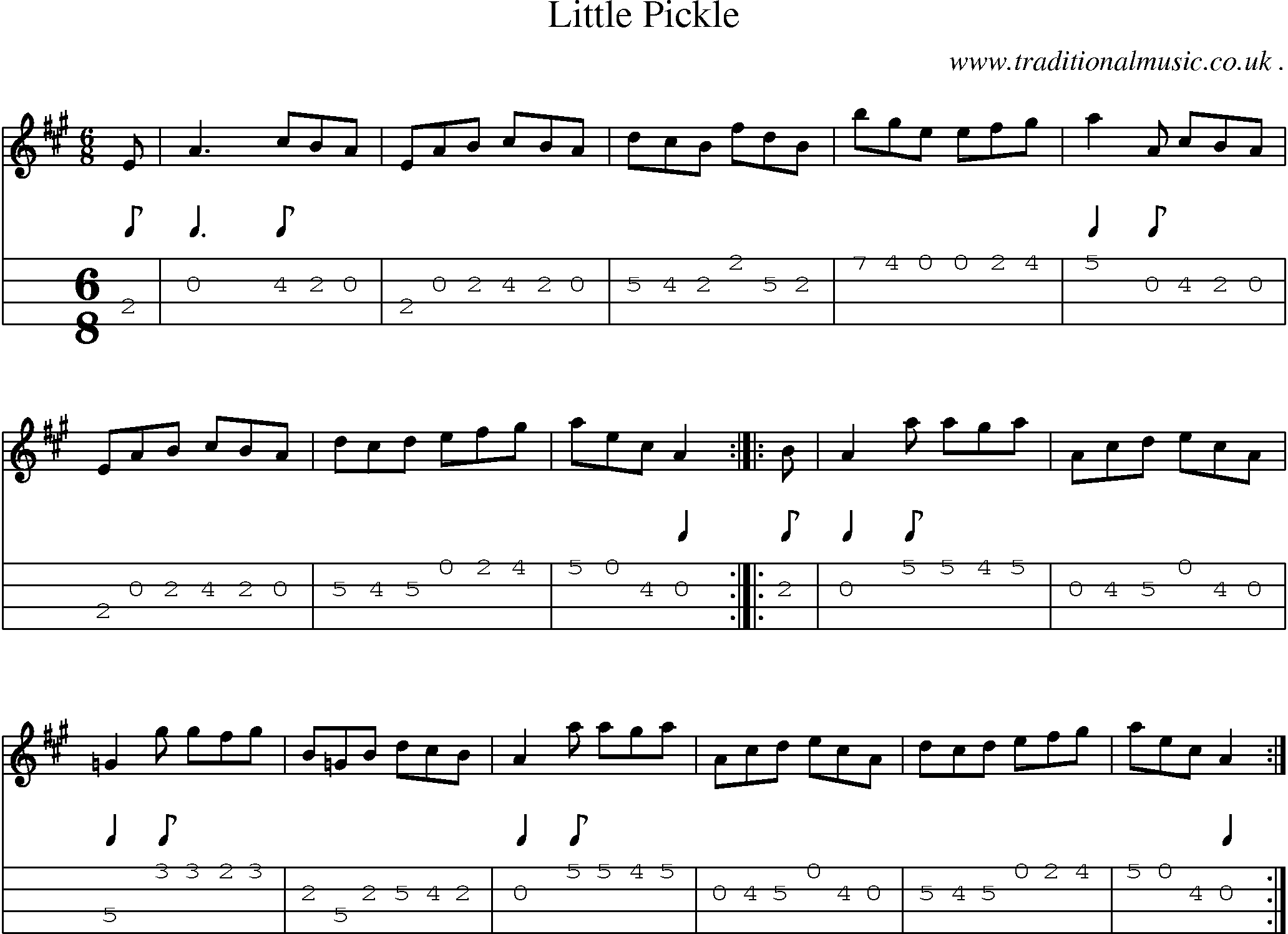 Sheet-music  score, Chords and Mandolin Tabs for Little Pickle