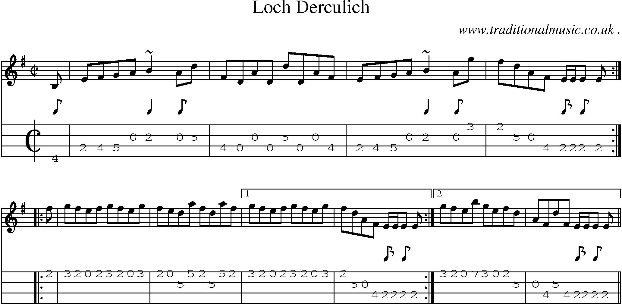 Sheet-music  score, Chords and Mandolin Tabs for Loch Derculich
