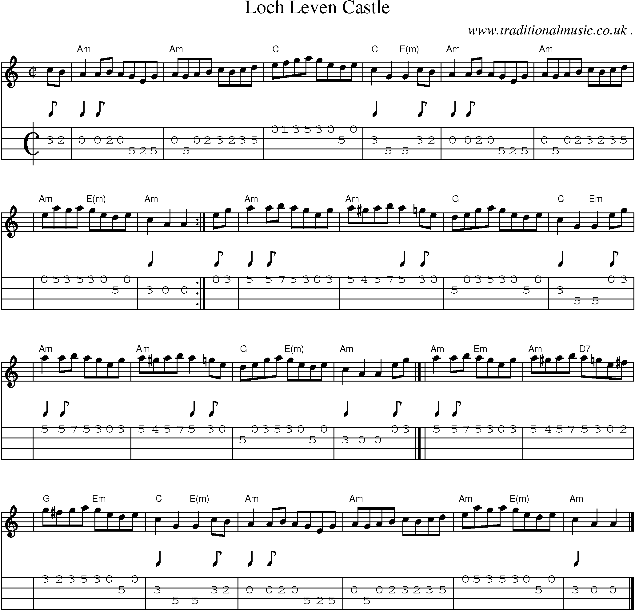 Sheet-music  score, Chords and Mandolin Tabs for Loch Leven Castle