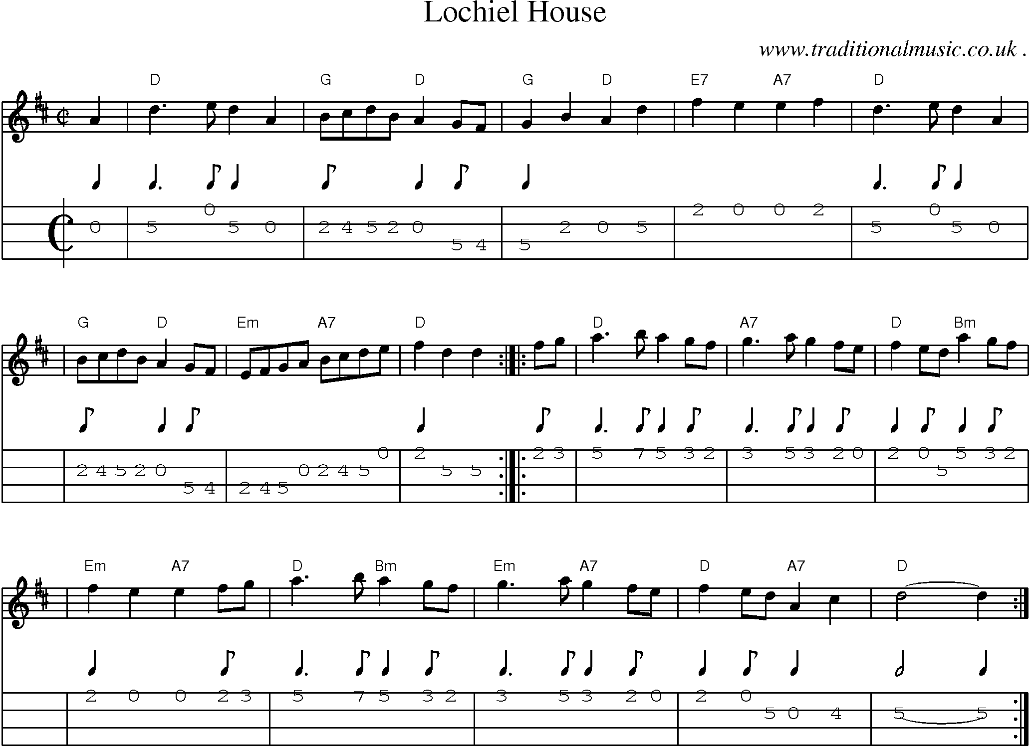 Sheet-music  score, Chords and Mandolin Tabs for Lochiel House