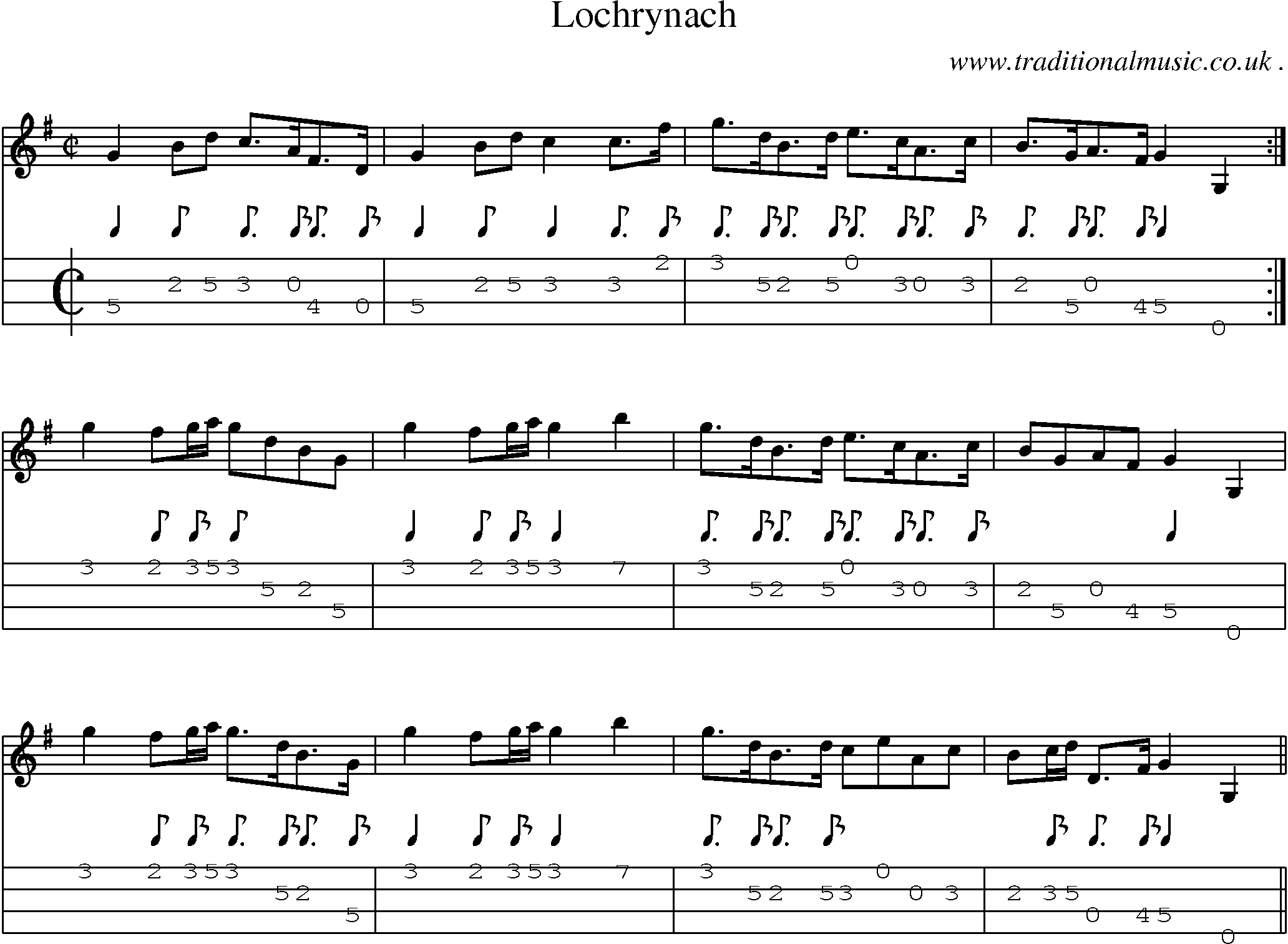 Sheet-music  score, Chords and Mandolin Tabs for Lochrynach