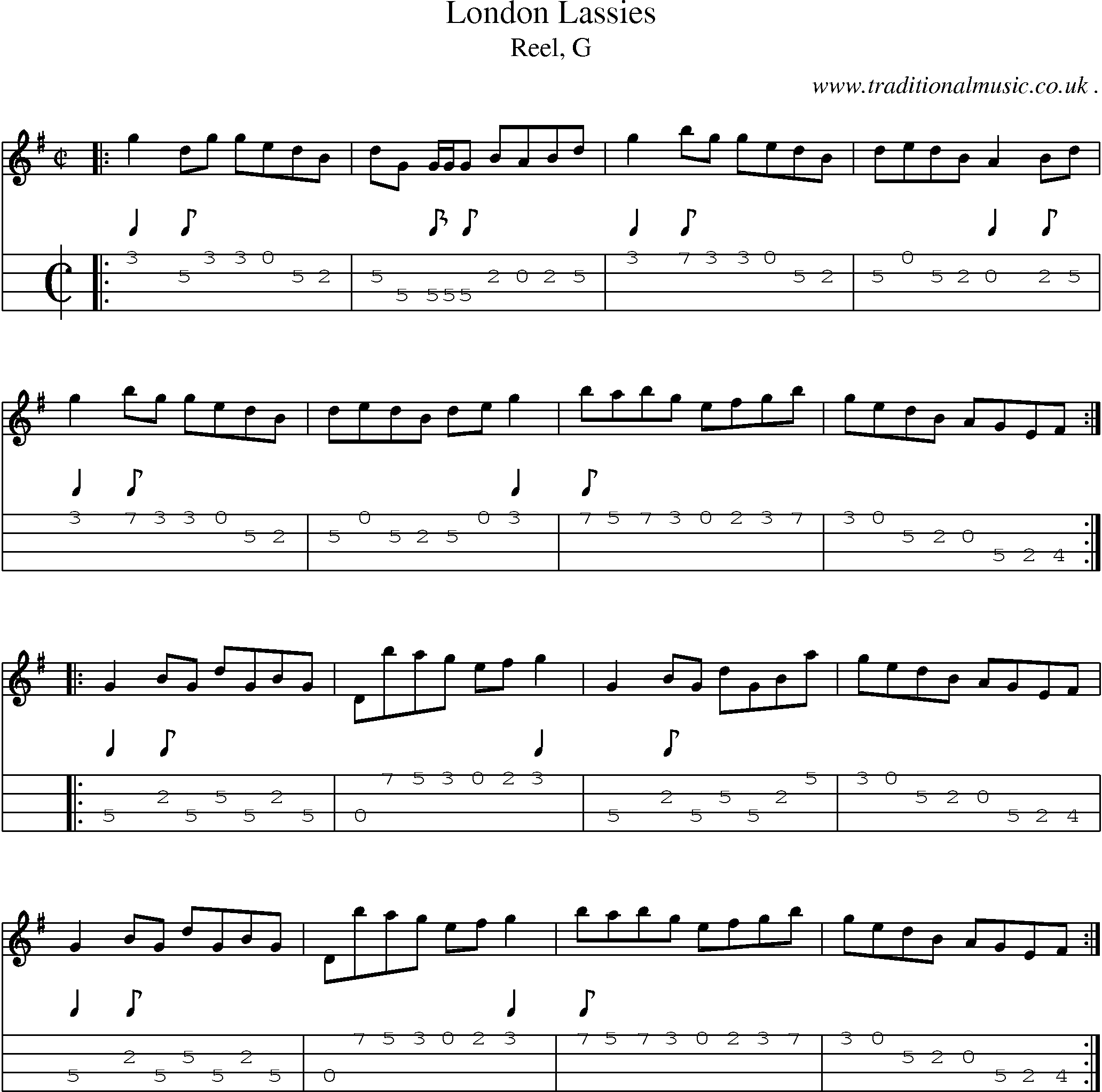 Sheet-music  score, Chords and Mandolin Tabs for London Lassies