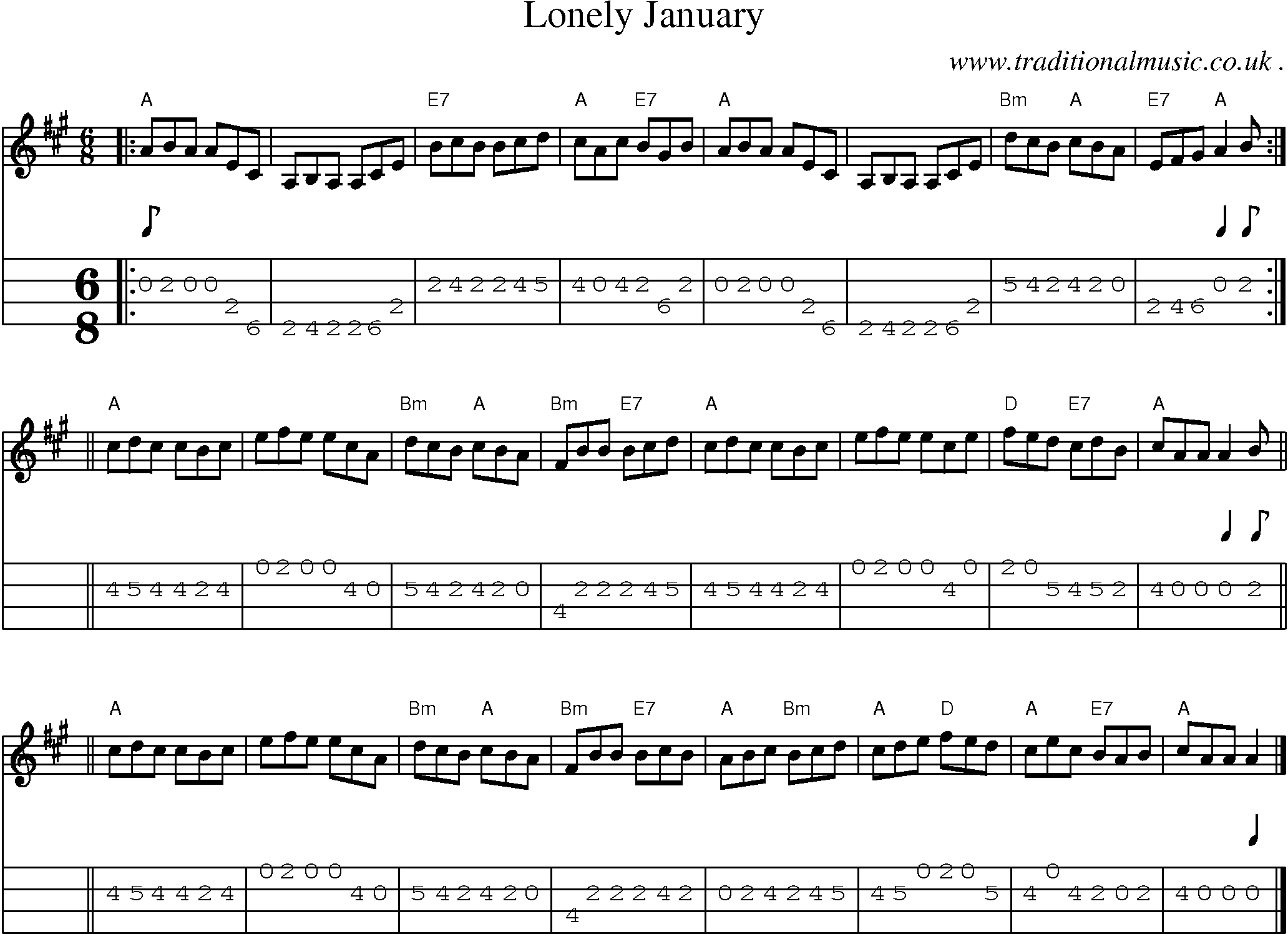 Sheet-music  score, Chords and Mandolin Tabs for Lonely January