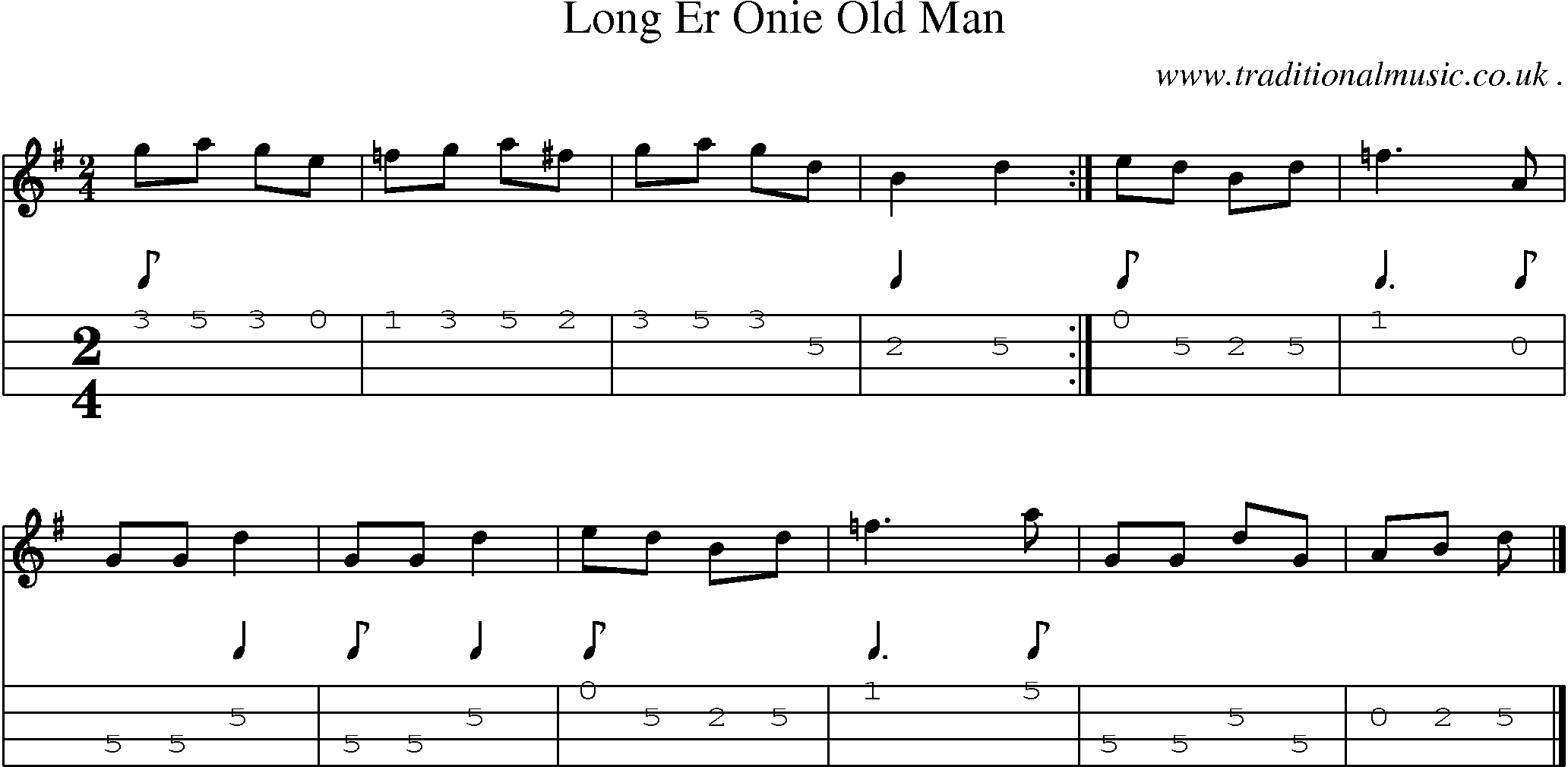 Sheet-music  score, Chords and Mandolin Tabs for Long Er Onie Old Man