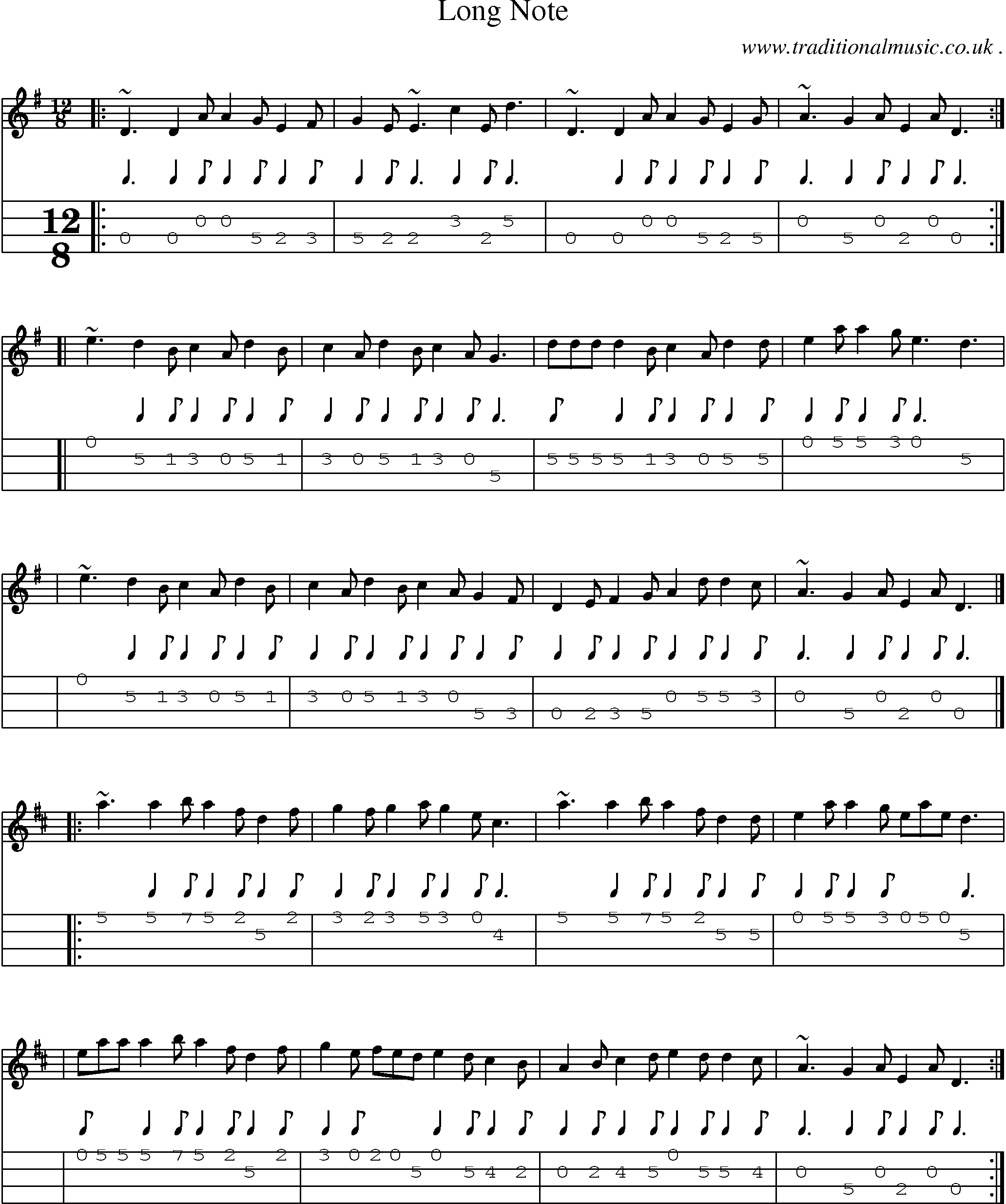 Sheet-music  score, Chords and Mandolin Tabs for Long Note
