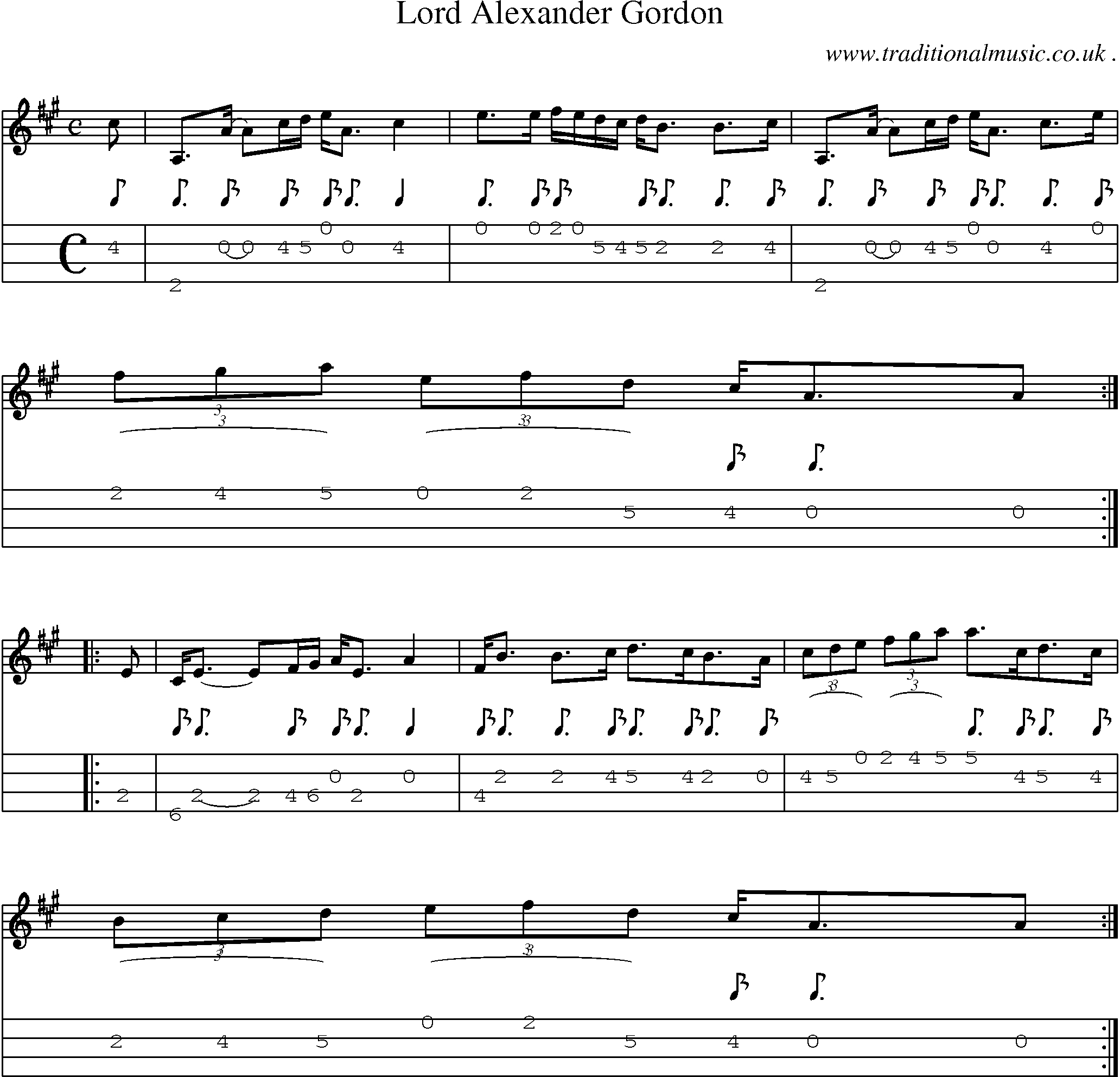 Sheet-music  score, Chords and Mandolin Tabs for Lord Alexander Gordon