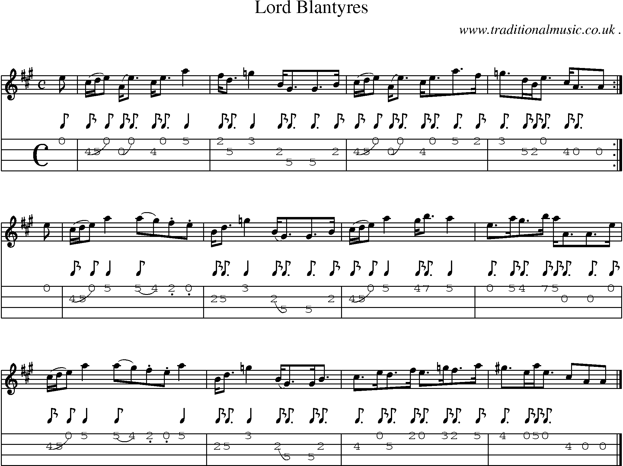 Sheet-music  score, Chords and Mandolin Tabs for Lord Blantyres