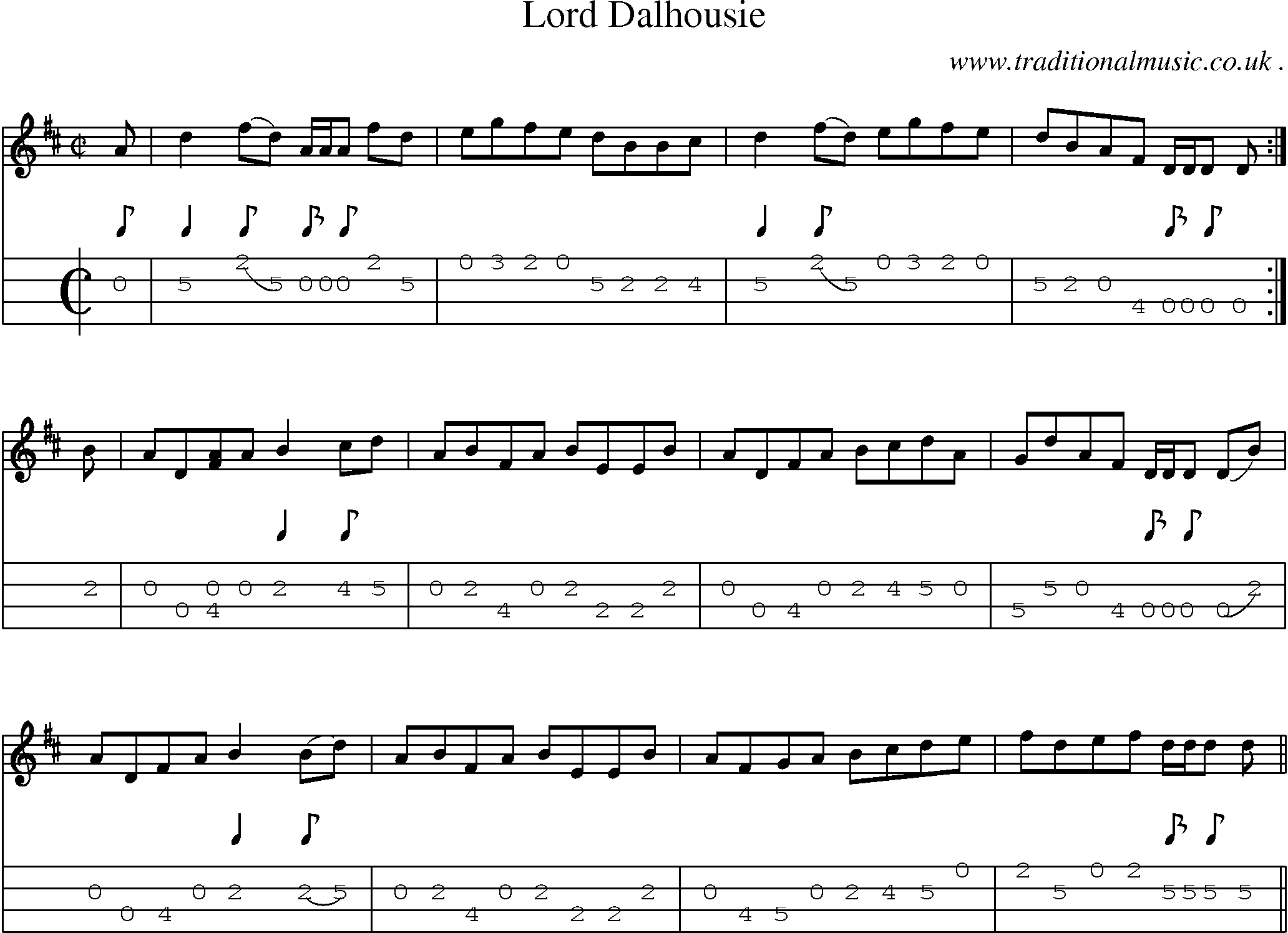 Sheet-music  score, Chords and Mandolin Tabs for Lord Dalhousie