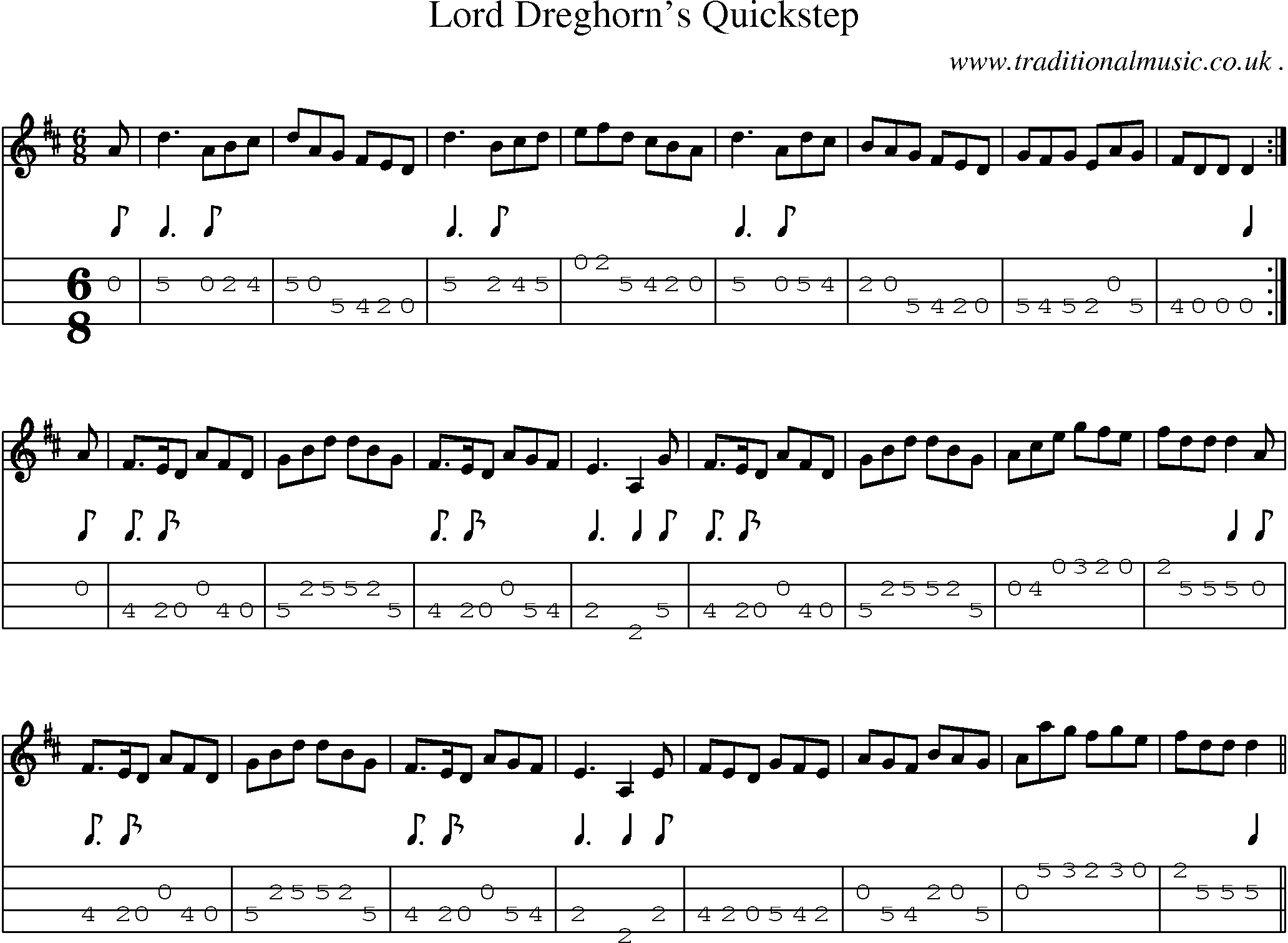Sheet-music  score, Chords and Mandolin Tabs for Lord Dreghorns Quickstep