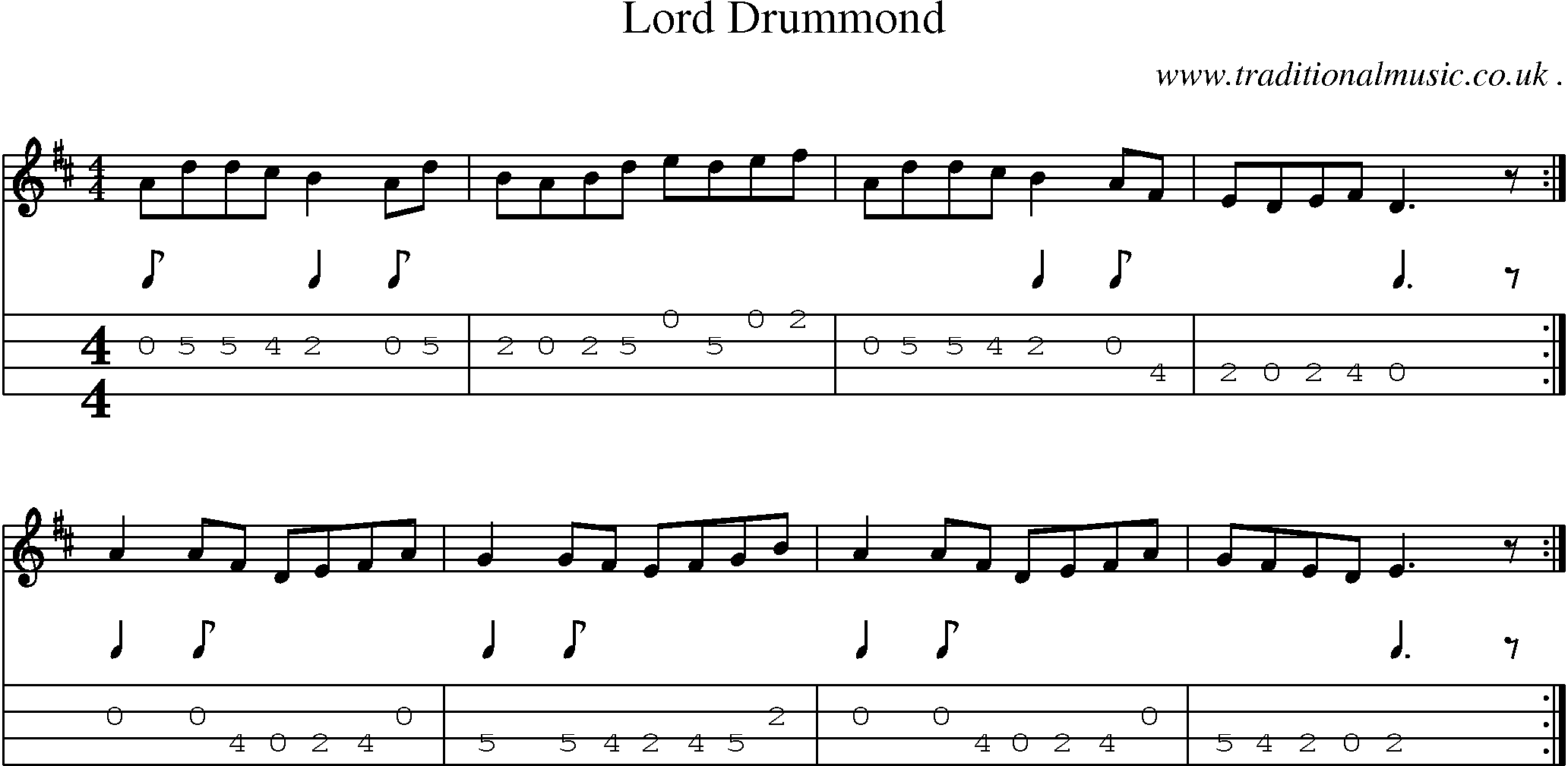Sheet-music  score, Chords and Mandolin Tabs for Lord Drummond