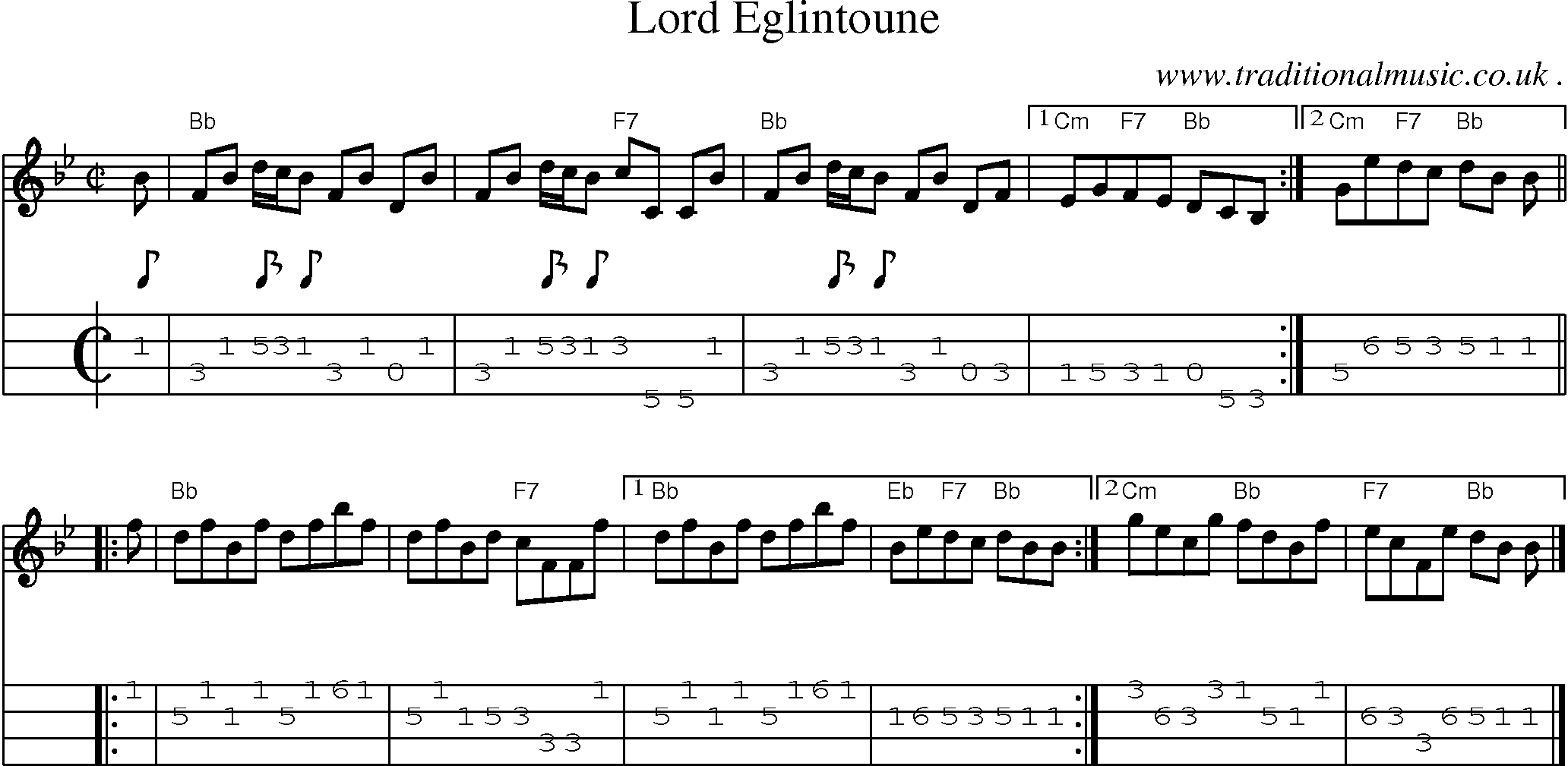 Sheet-music  score, Chords and Mandolin Tabs for Lord Eglintoune