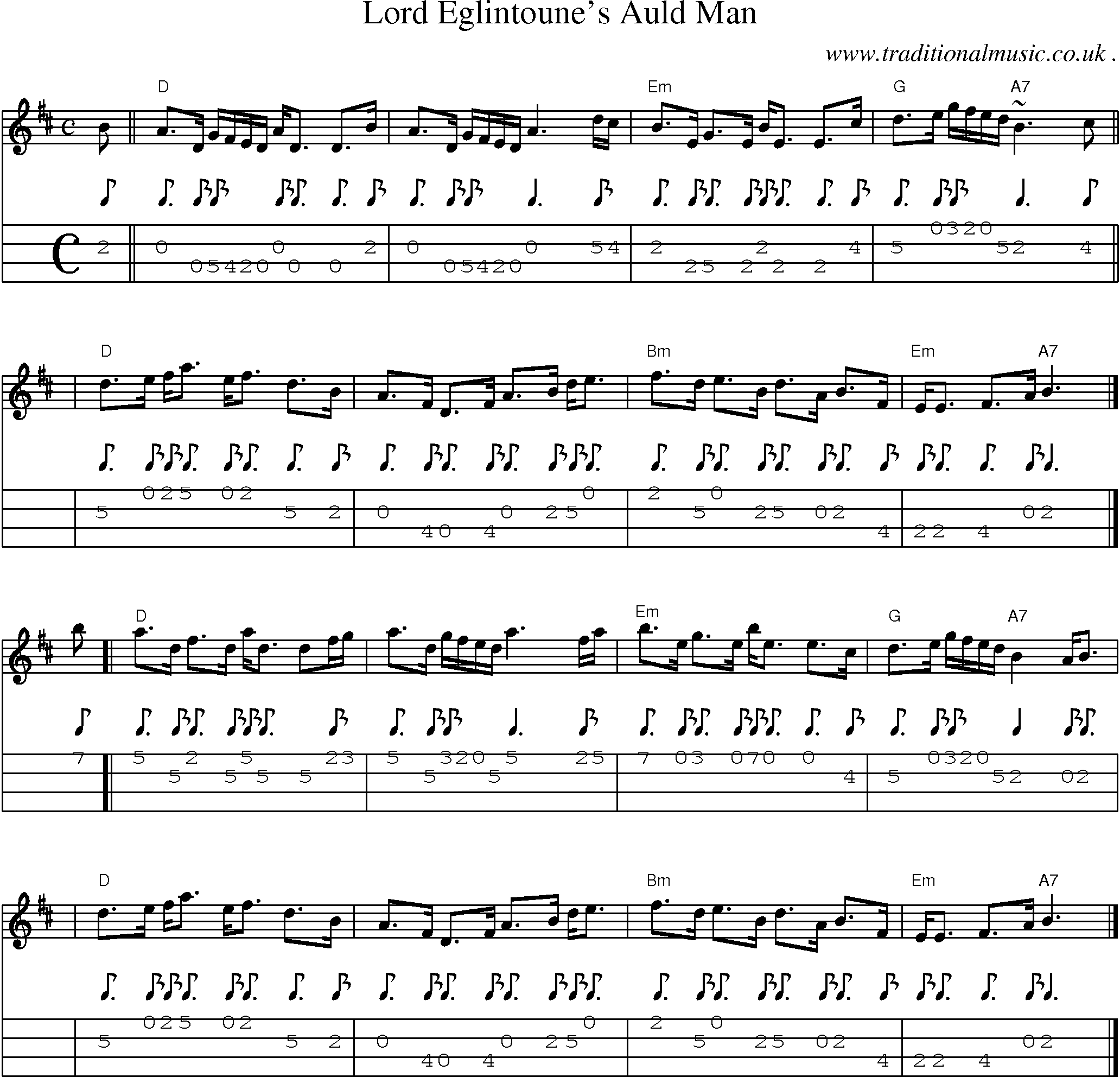 Sheet-music  score, Chords and Mandolin Tabs for Lord Eglintounes Auld Man