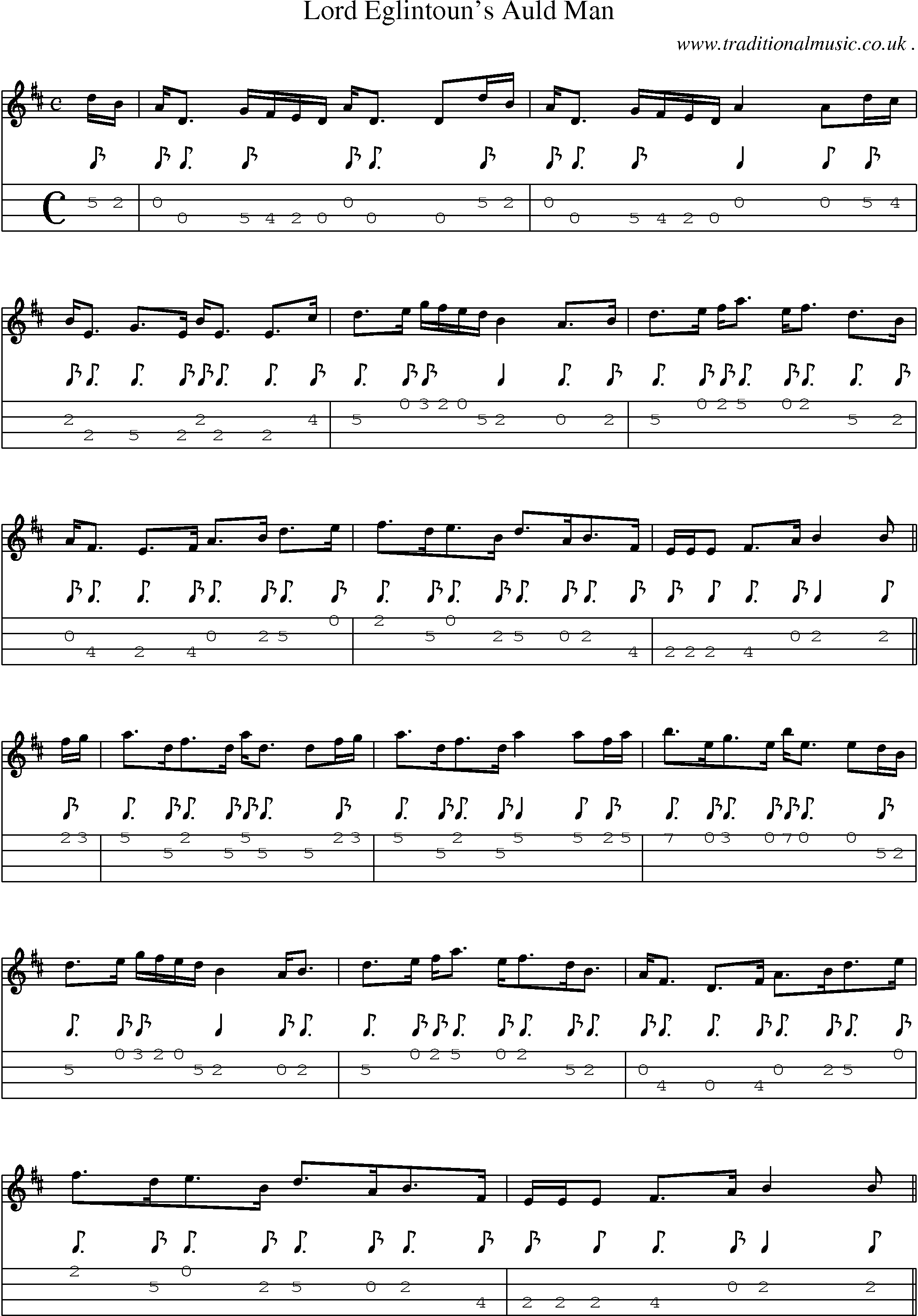 Sheet-music  score, Chords and Mandolin Tabs for Lord Eglintouns Auld Man