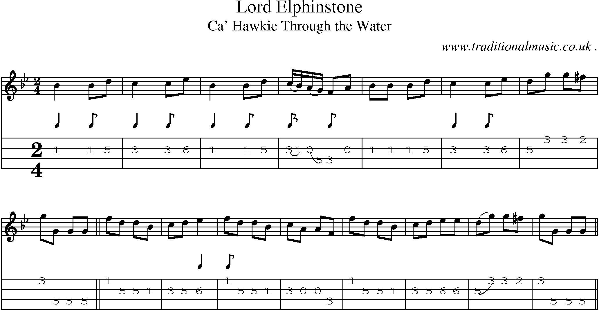 Sheet-music  score, Chords and Mandolin Tabs for Lord Elphinstone