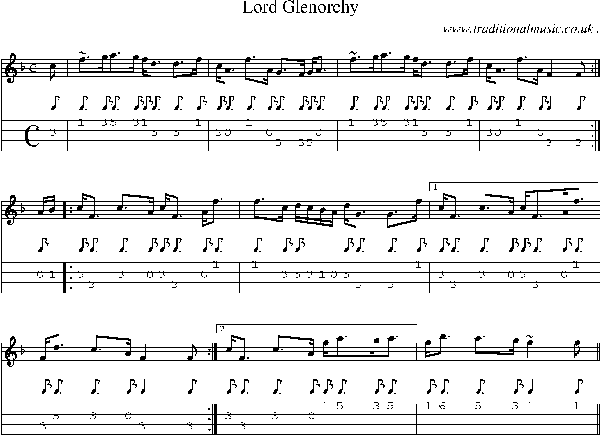 Sheet-music  score, Chords and Mandolin Tabs for Lord Glenorchy